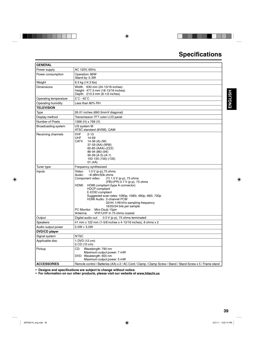 Hitachi L26D205 important safety instructions Specifications, General, Television, DVD/CD player, Accessories 