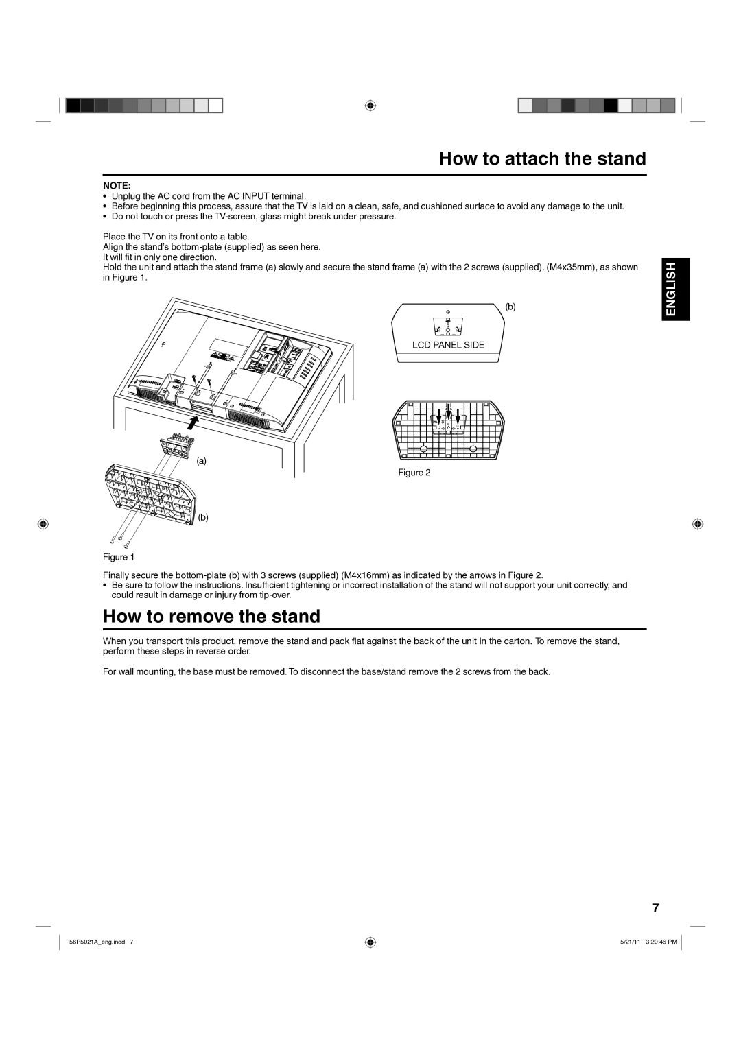 Hitachi L26D205 important safety instructions How to attach the stand, How to remove the stand, LCD Panel Side 