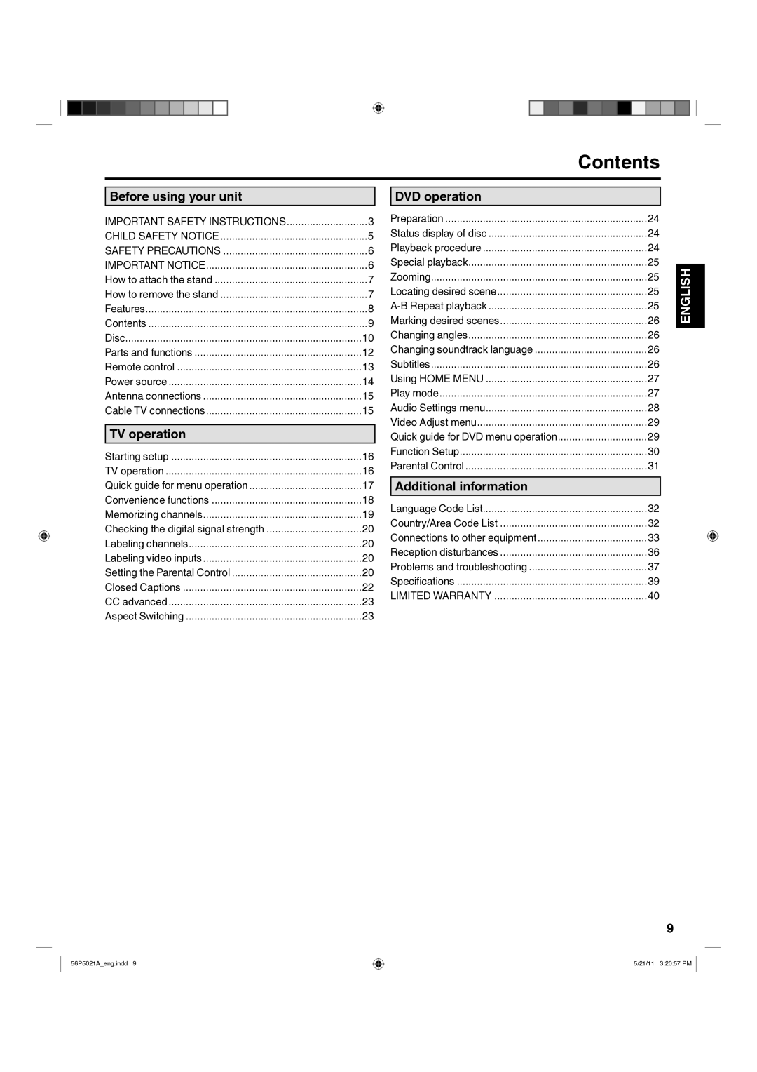 Hitachi L26D205 important safety instructions Contents 