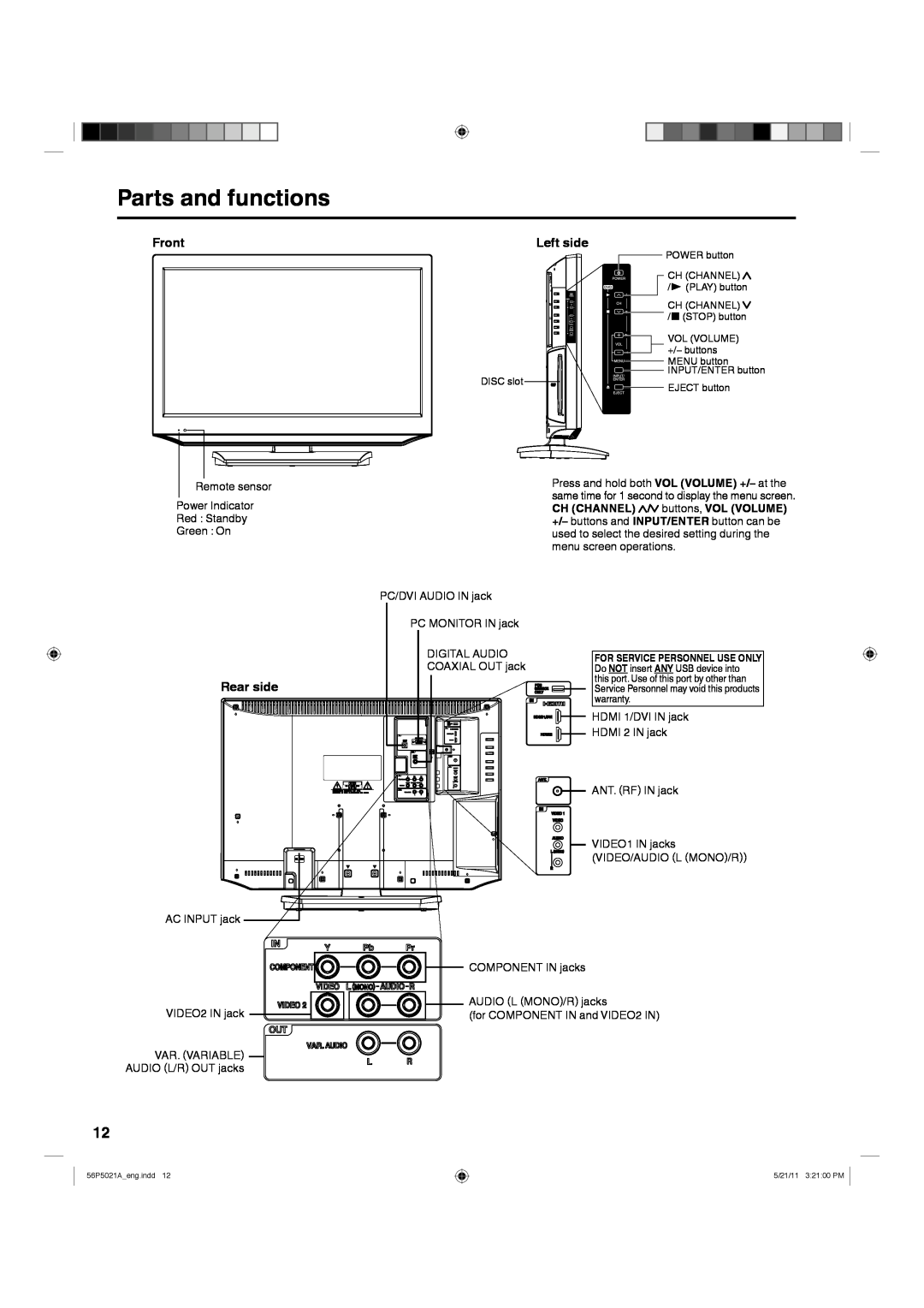 Hitachi L26D205 important safety instructions Parts and functions, Front, Left side, Rear side 
