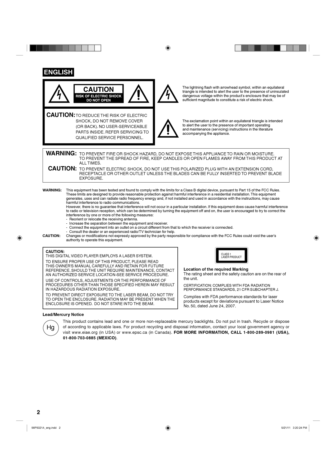 Hitachi L26D205 important safety instructions English, Lead/Mercury Notice, Location of the required Marking, Mexico 