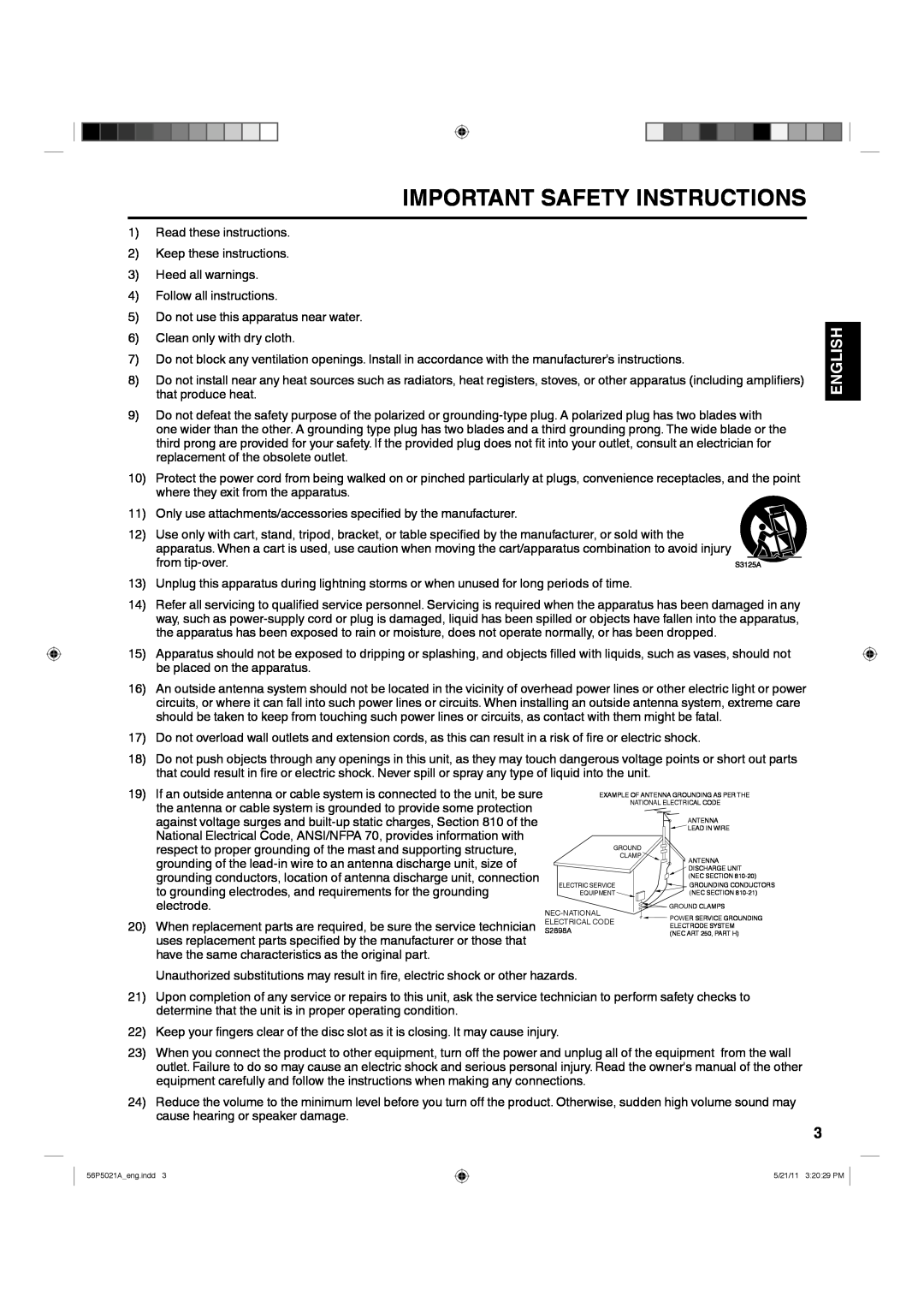 Hitachi L26D205 important safety instructions Important Safety Instructions, English 