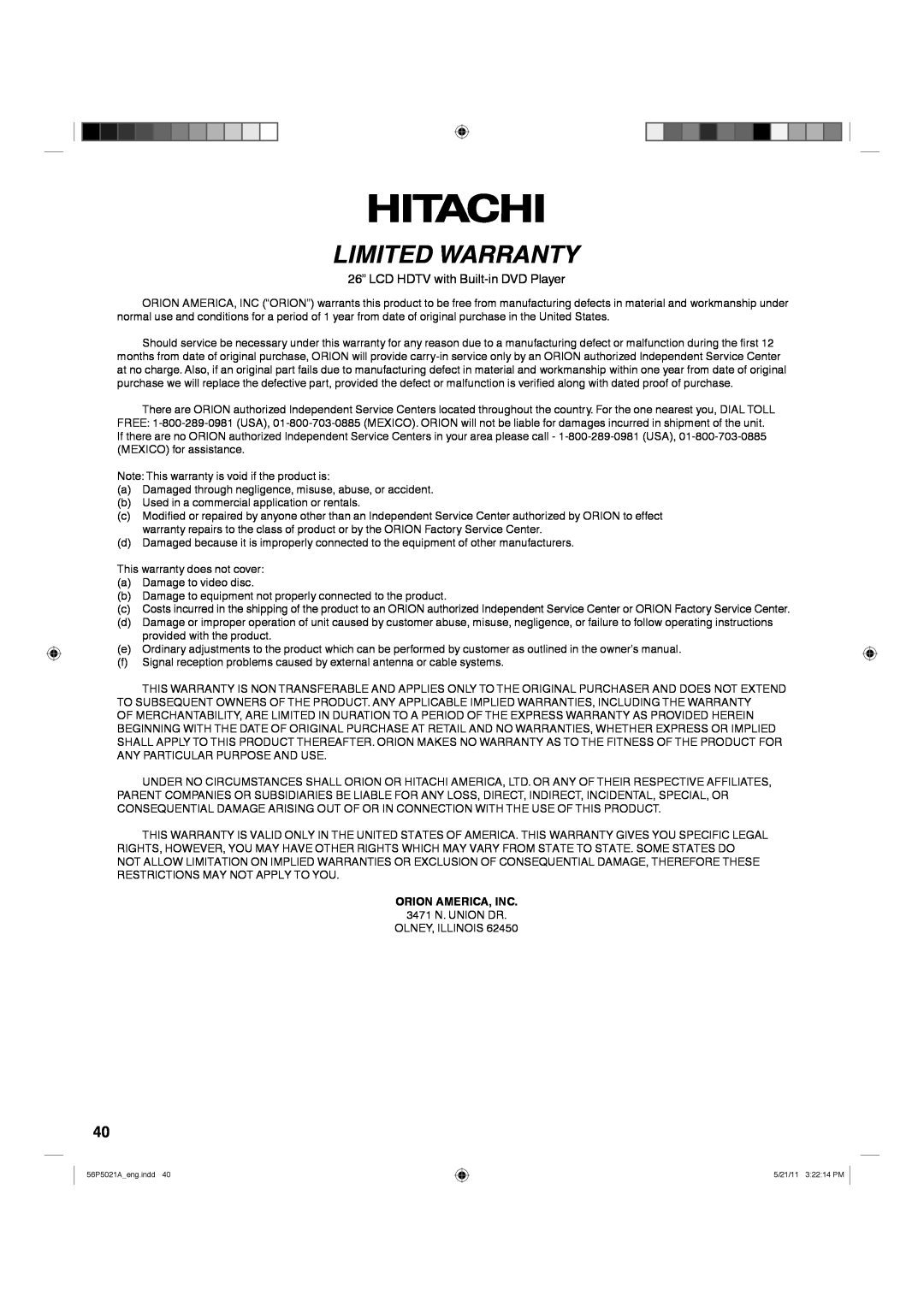 Hitachi L26D205 important safety instructions Limited Warranty, 26” LCD HDTV with Built-in DVD Player, Orion America, Inc 