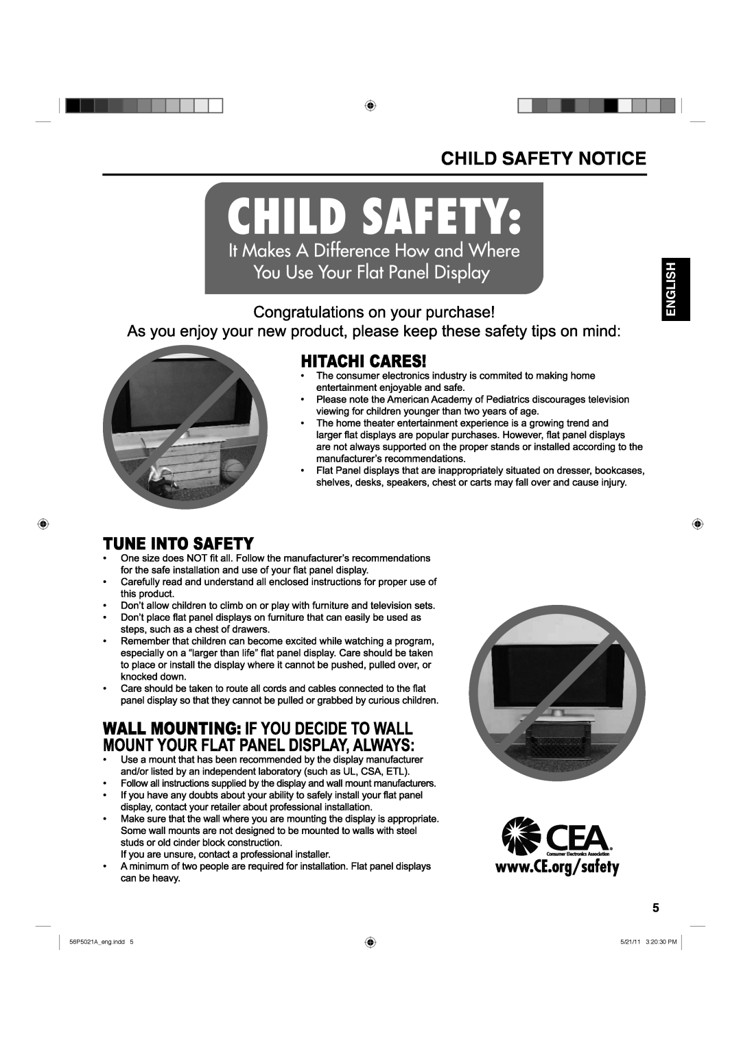 Hitachi L26D205 important safety instructions Child Safety Notice, English, 56P5021Aeng.indd, 5/21/11 32030 PM 