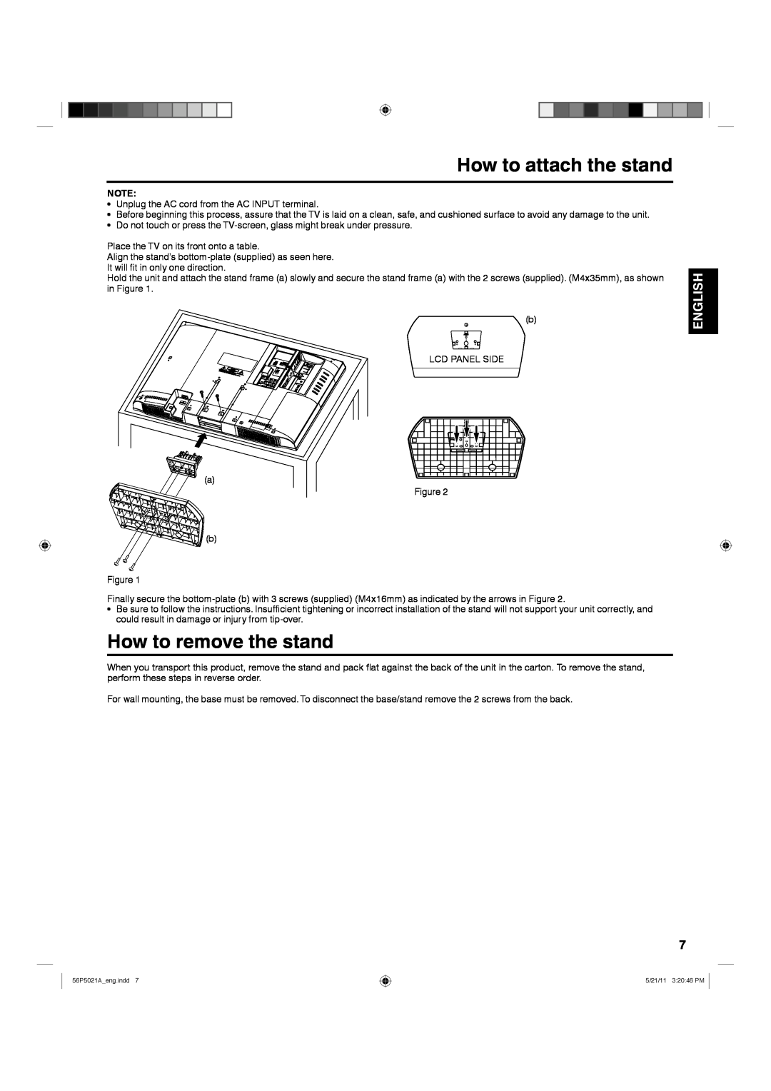 Hitachi L26D205 important safety instructions How to attach the stand, How to remove the stand, English 