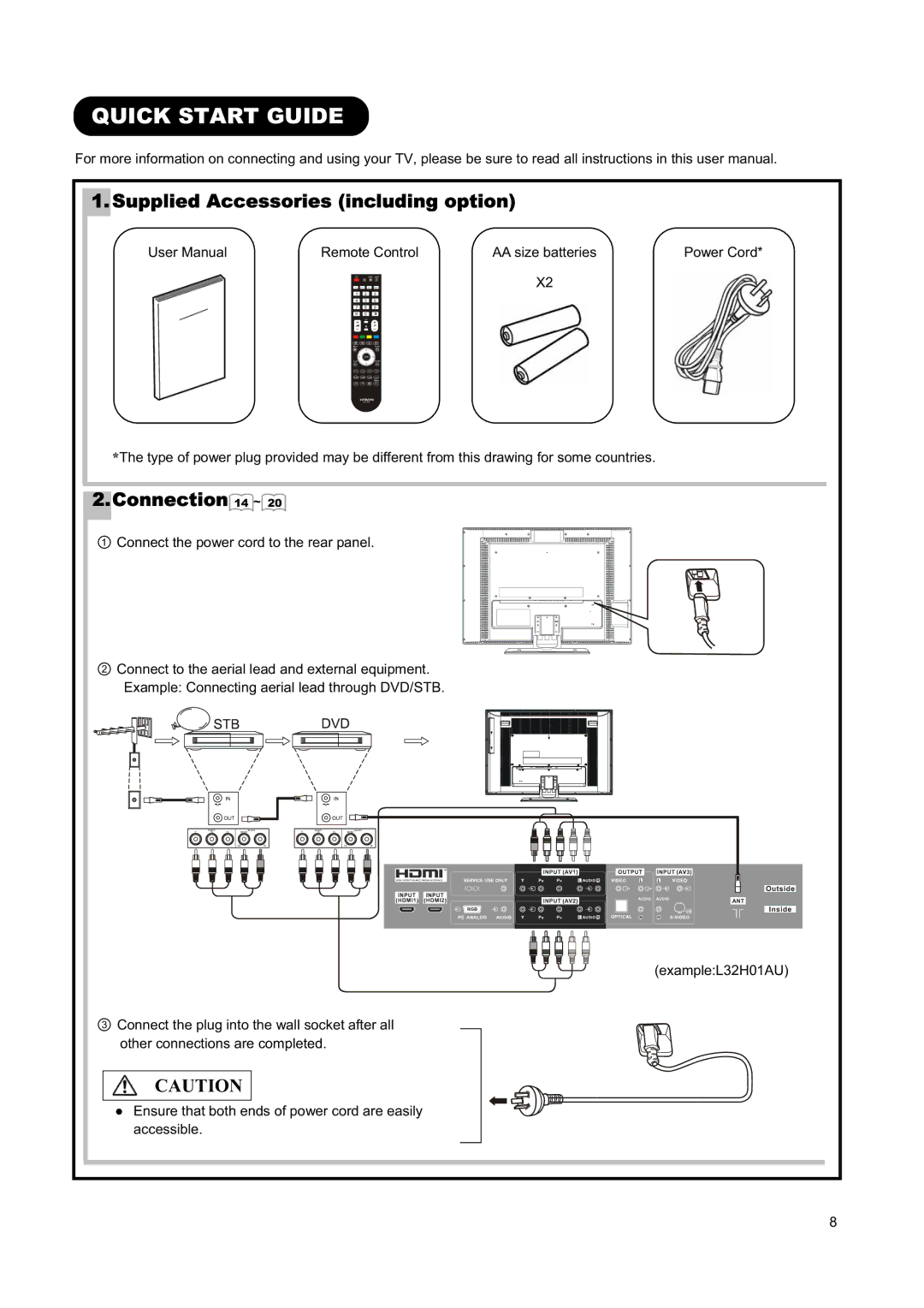 Hitachi L26H01AU, L32H01AU manual Quick Start Guide, Supplied Accessories including option 