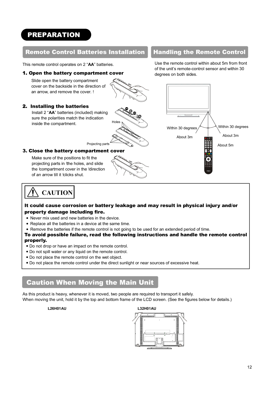 Hitachi L26H01AU, L32H01AU manual Preparation, Open the battery compartment cover, Installing the batteries 