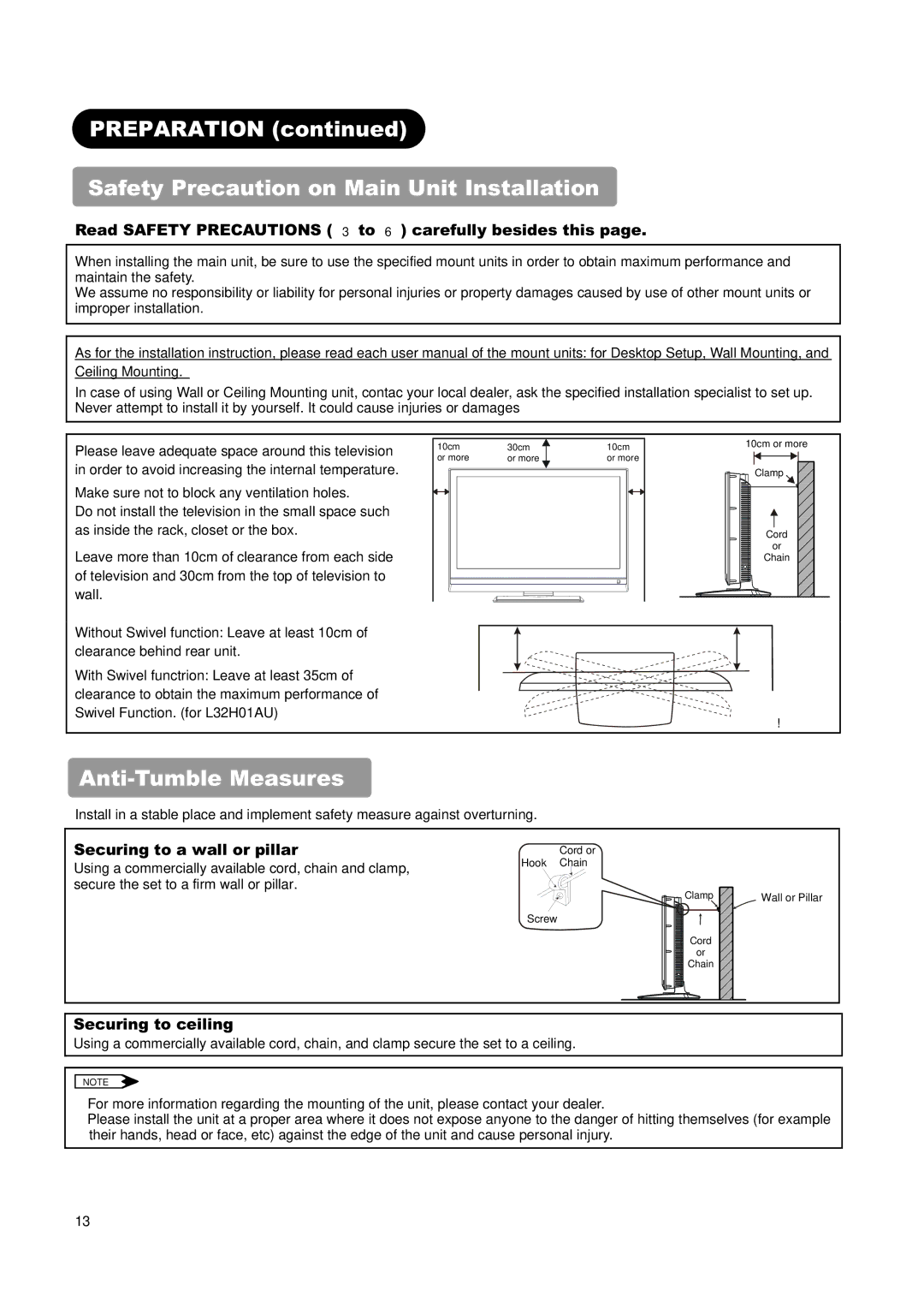 Hitachi L32H01AU manual Preparation Safety Precaution on Main Unit Installation, Anti-Tumble Measures, Securing to ceiling 