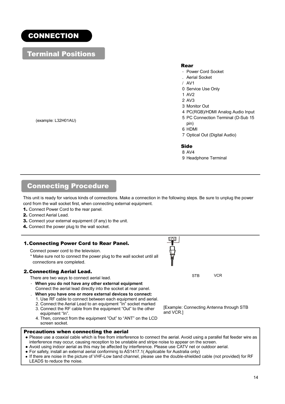 Hitachi L26H01AU, L32H01AU manual Connection, Terminal Positions, Connecting Procedure 