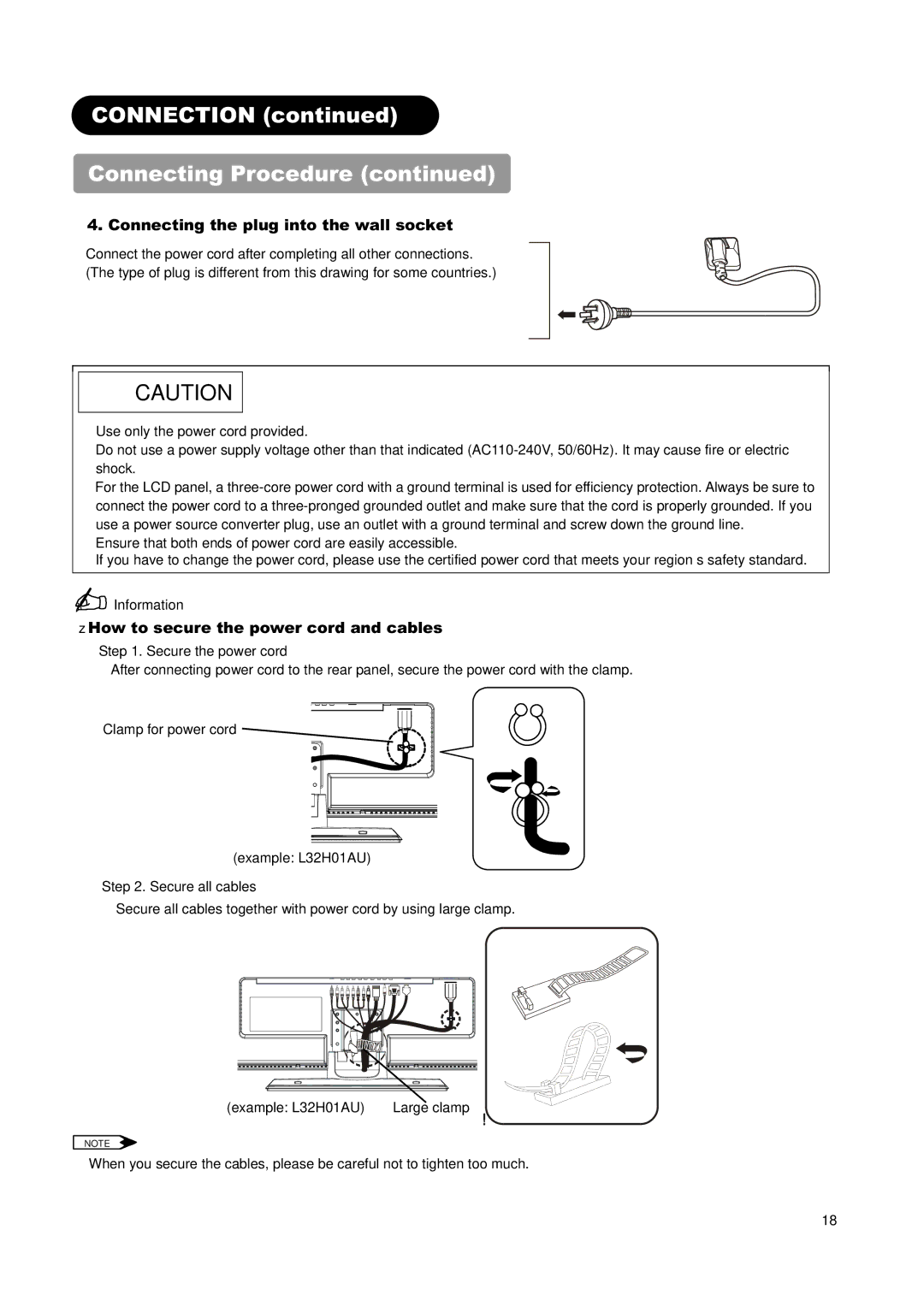 Hitachi L26H01AU Connecting the plug into the wall socket, How to secure the power cord and cables, Secure the power cord 