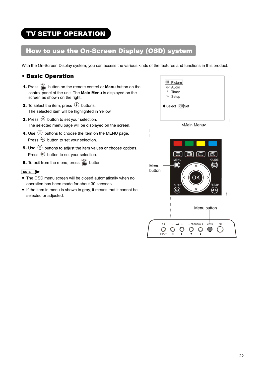 Hitachi L26H01AU, L32H01AU manual TV Setup Operation, How to use the On-Screen Display OSD system 