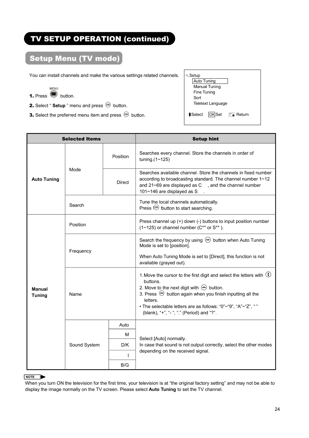 Hitachi L26H01AU, L32H01AU manual TV Setup Operation Setup Menu TV mode, Selected Items Setup hint, Auto Tuning, Manual 