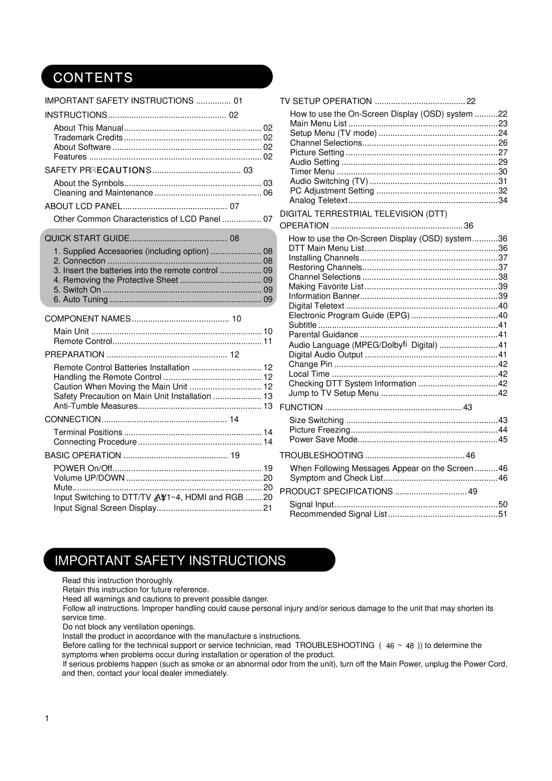 Hitachi L32H01AU, L26H01AU manual Contents, Important Safety Instructions 