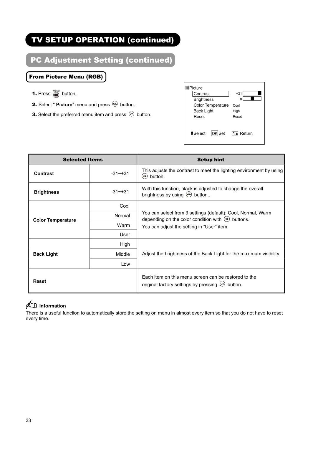 Hitachi L32H01AU, L26H01AU manual From Picture Menu RGB, Selected Items Setup hint Contrast, Color Temperature 