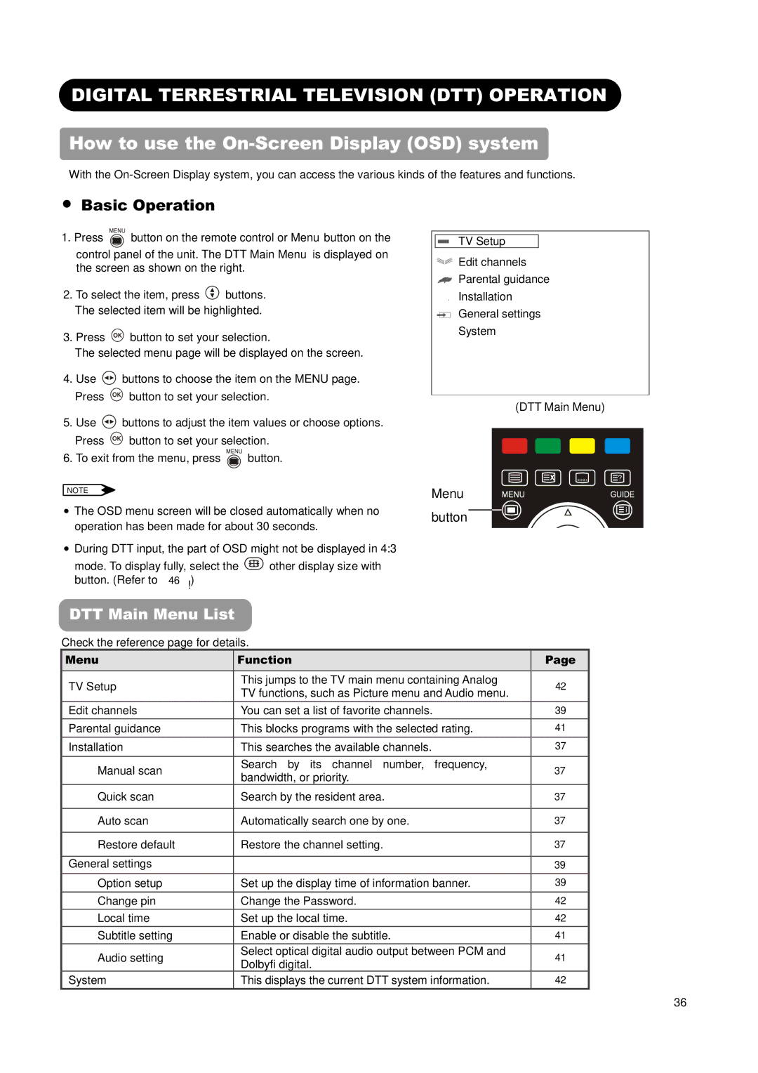 Hitachi L26H01AU, L32H01AU manual Digital Terrestrial Television DTT Operation, Menu Function 