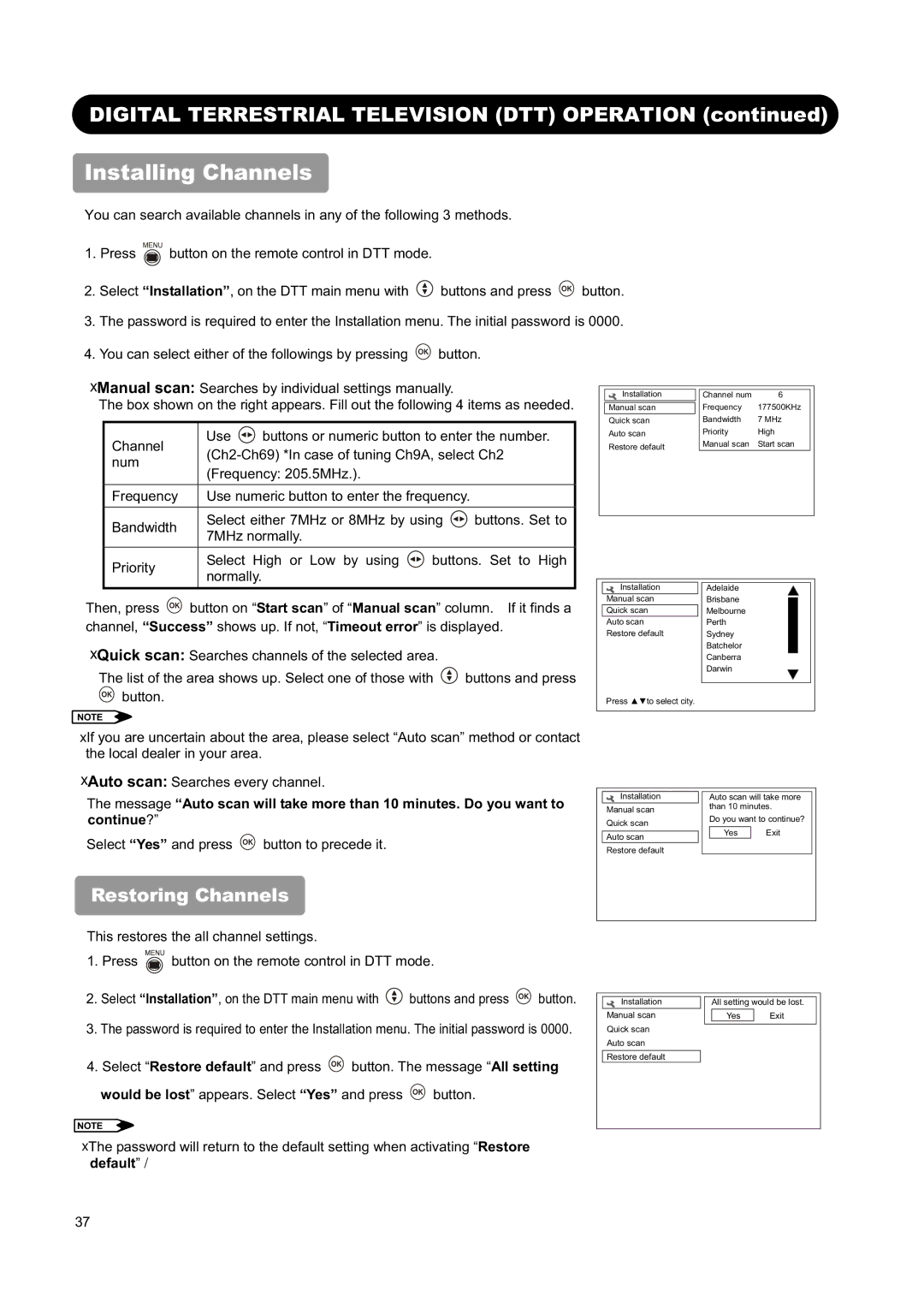 Hitachi L32H01AU, L26H01AU manual Installing Channels, Restoring Channels 