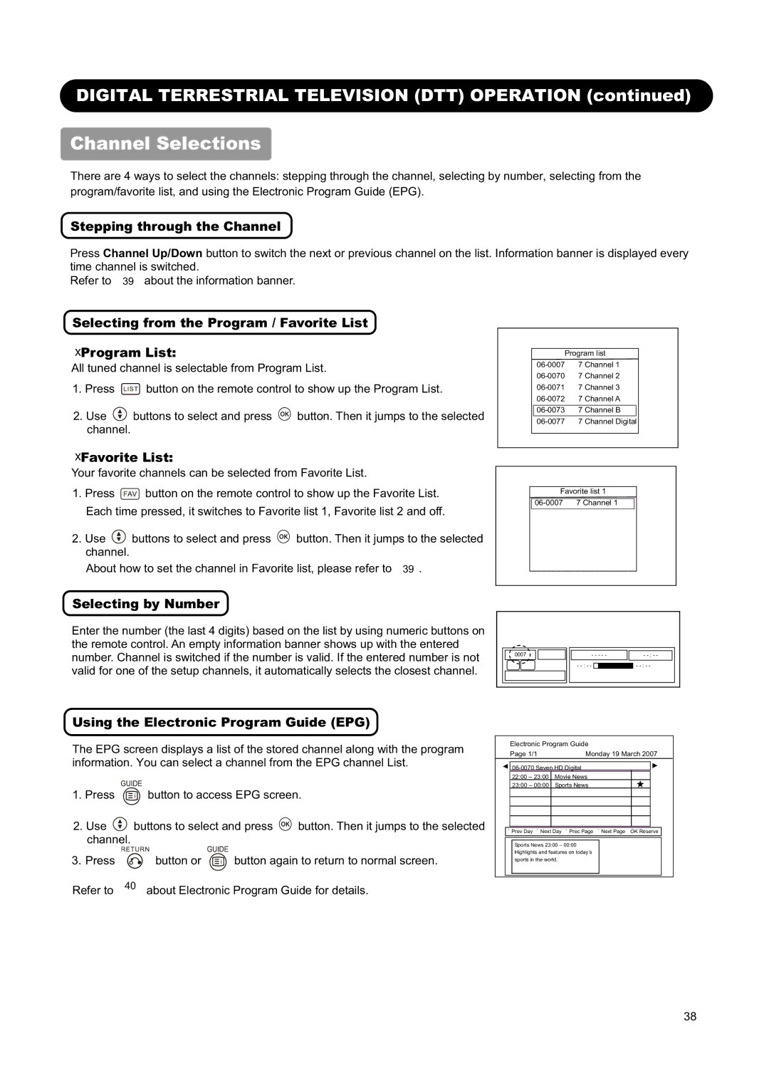 Hitachi L26H01AU, L32H01AU Selecting from the Program / Favorite List Program List, Using the Electronic Program Guide EPG 