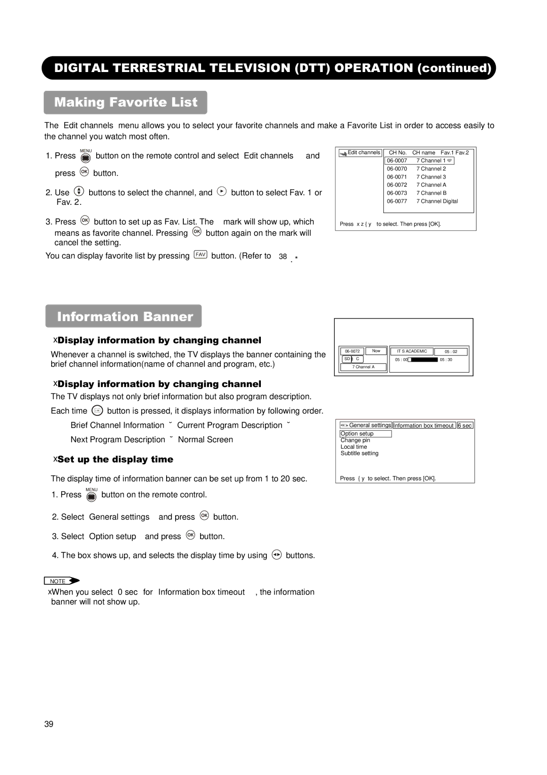 Hitachi L32H01AU, L26H01AU manual Making Favorite List, Information Banner, Display information by changing channel 