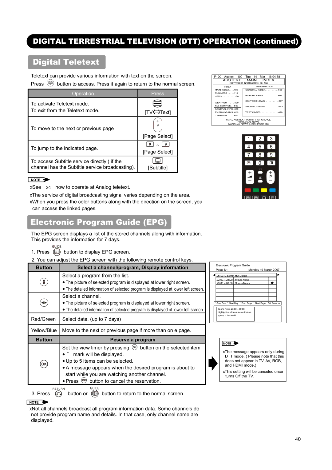 Hitachi L26H01AU Digital Teletext, Electronic Program Guide EPG, Button Select a channel/program, Display information 