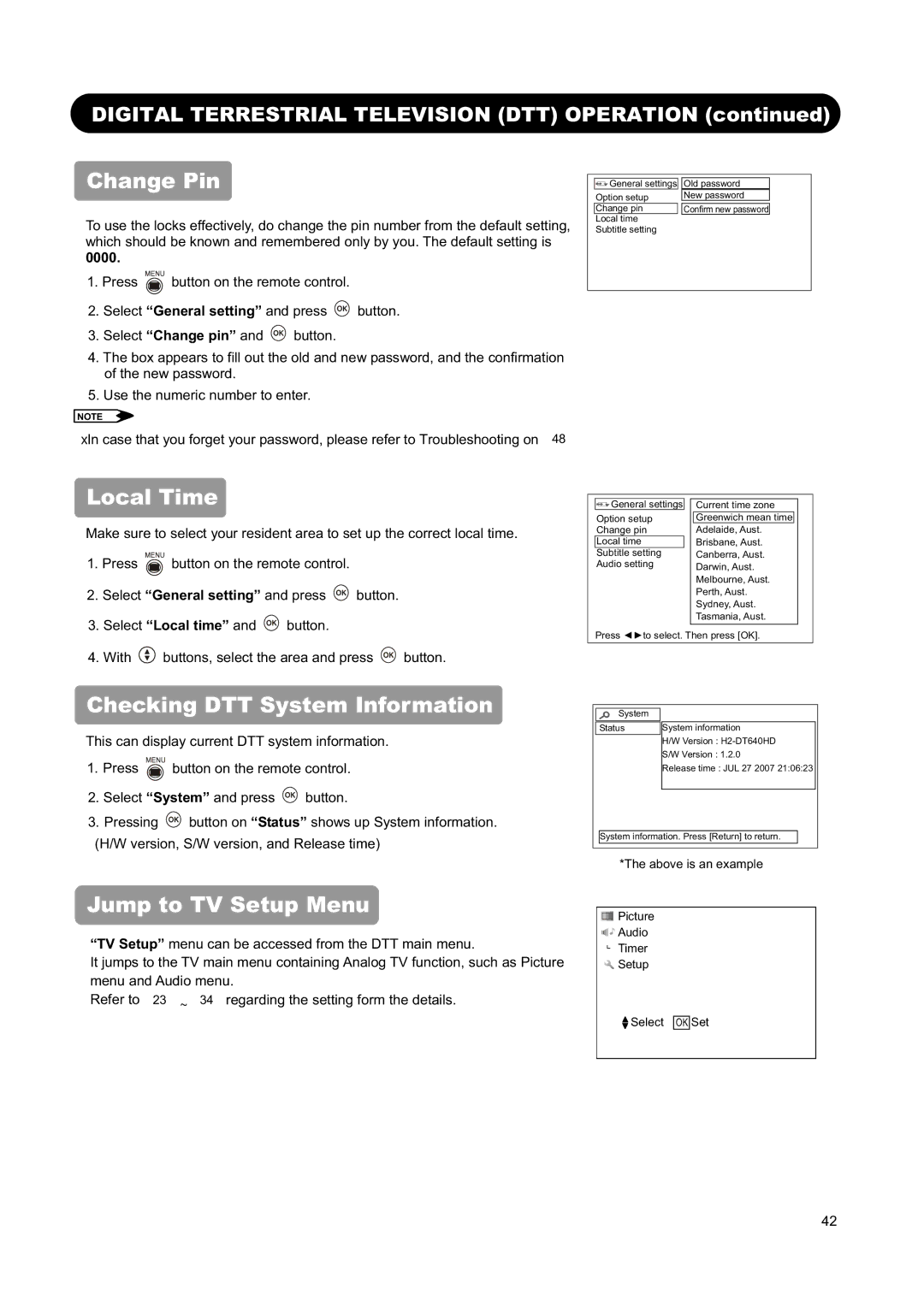 Hitachi L26H01AU, L32H01AU manual Change Pin, Local Time, Checking DTT System Information, Jump to TV Setup Menu, 0000 