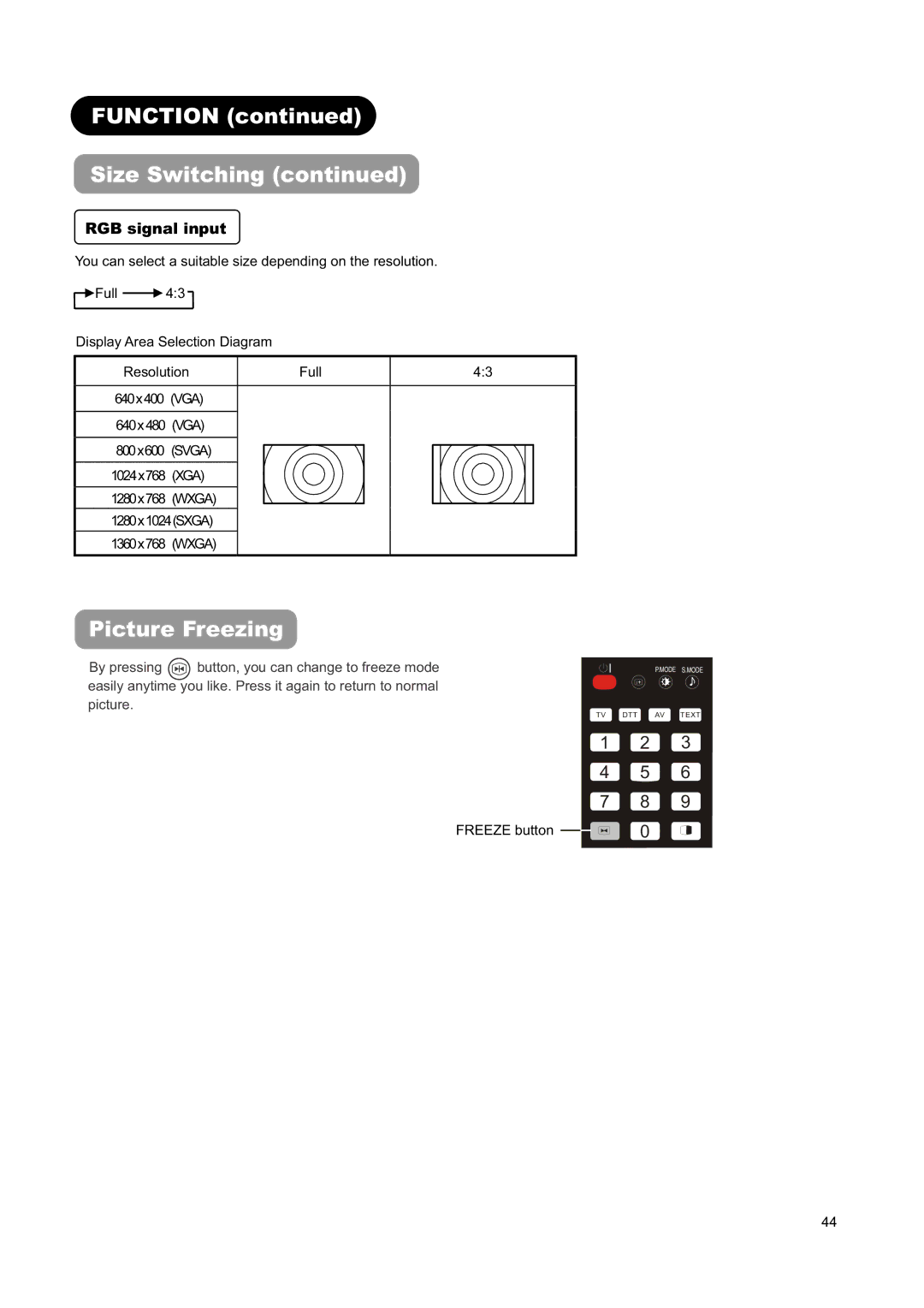 Hitachi L26H01AU, L32H01AU manual Function Size Switching, Picture Freezing, RGB signal input 