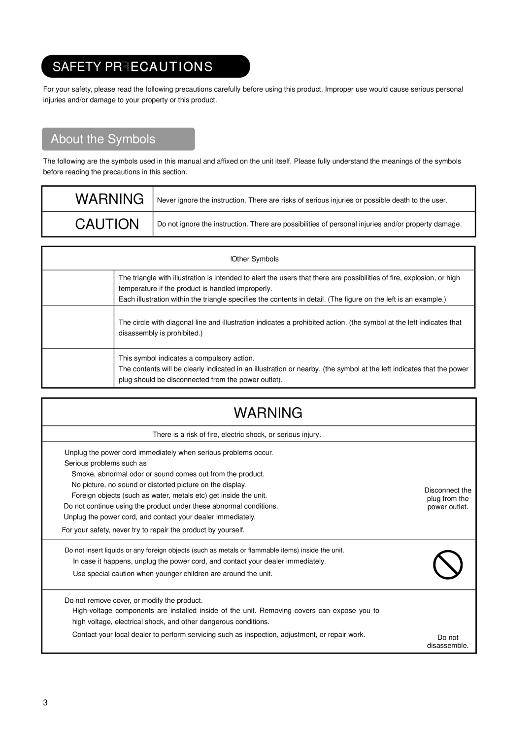 Hitachi L32H01AU, L26H01AU manual Safety Precautions, About the Symbols 