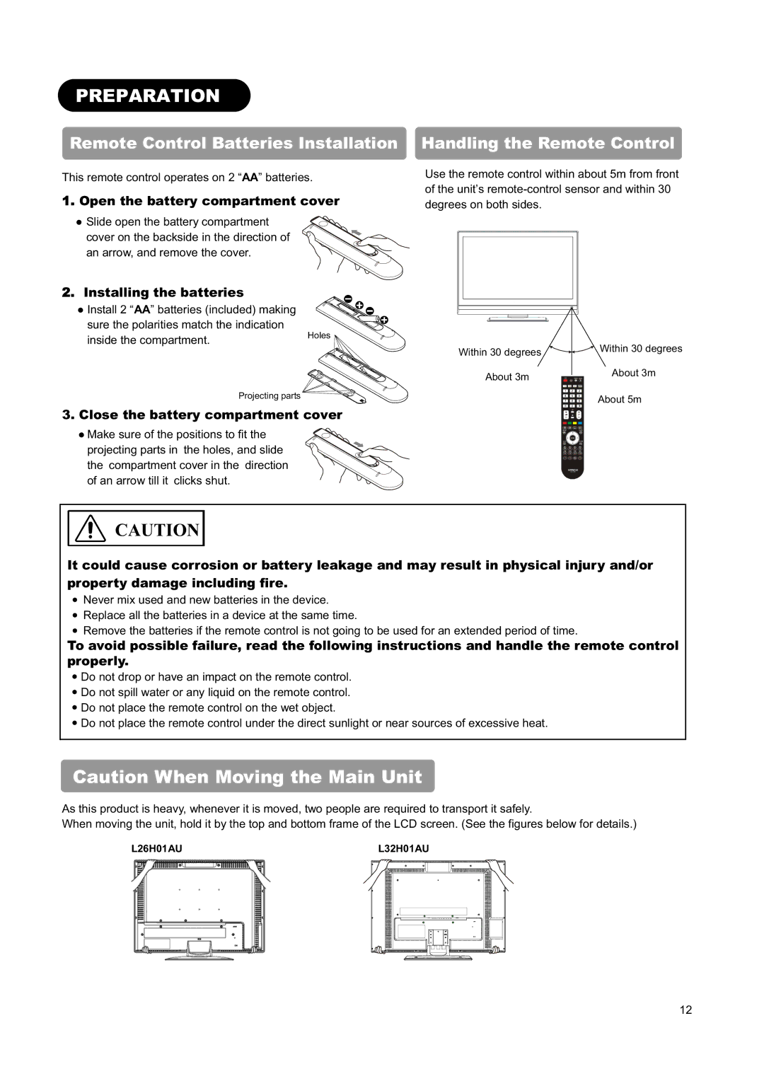 Hitachi L26H01AU manual Preparation, Open the battery compartment cover, Installing the batteries 