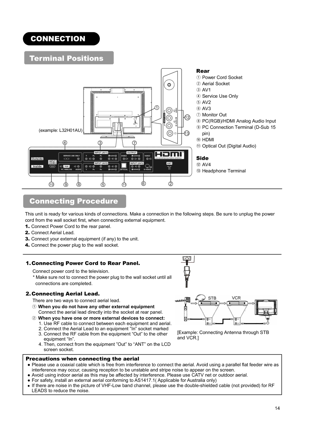 Hitachi L26H01AU manual Connection, Terminal Positions, Connecting Procedure 