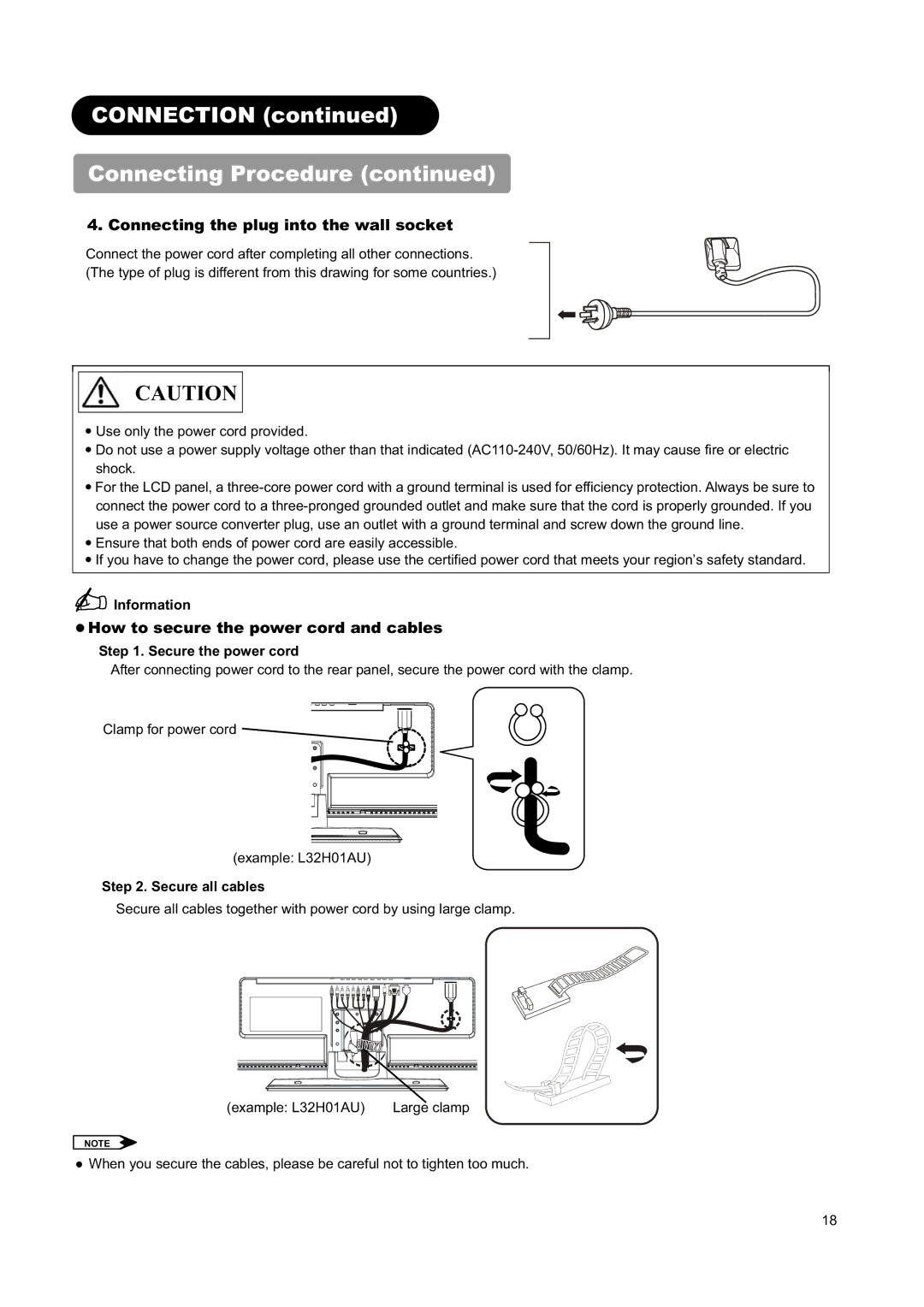 Hitachi L26H01AU Connecting the plug into the wall socket, How to secure the power cord and cables, Secure the power cord 