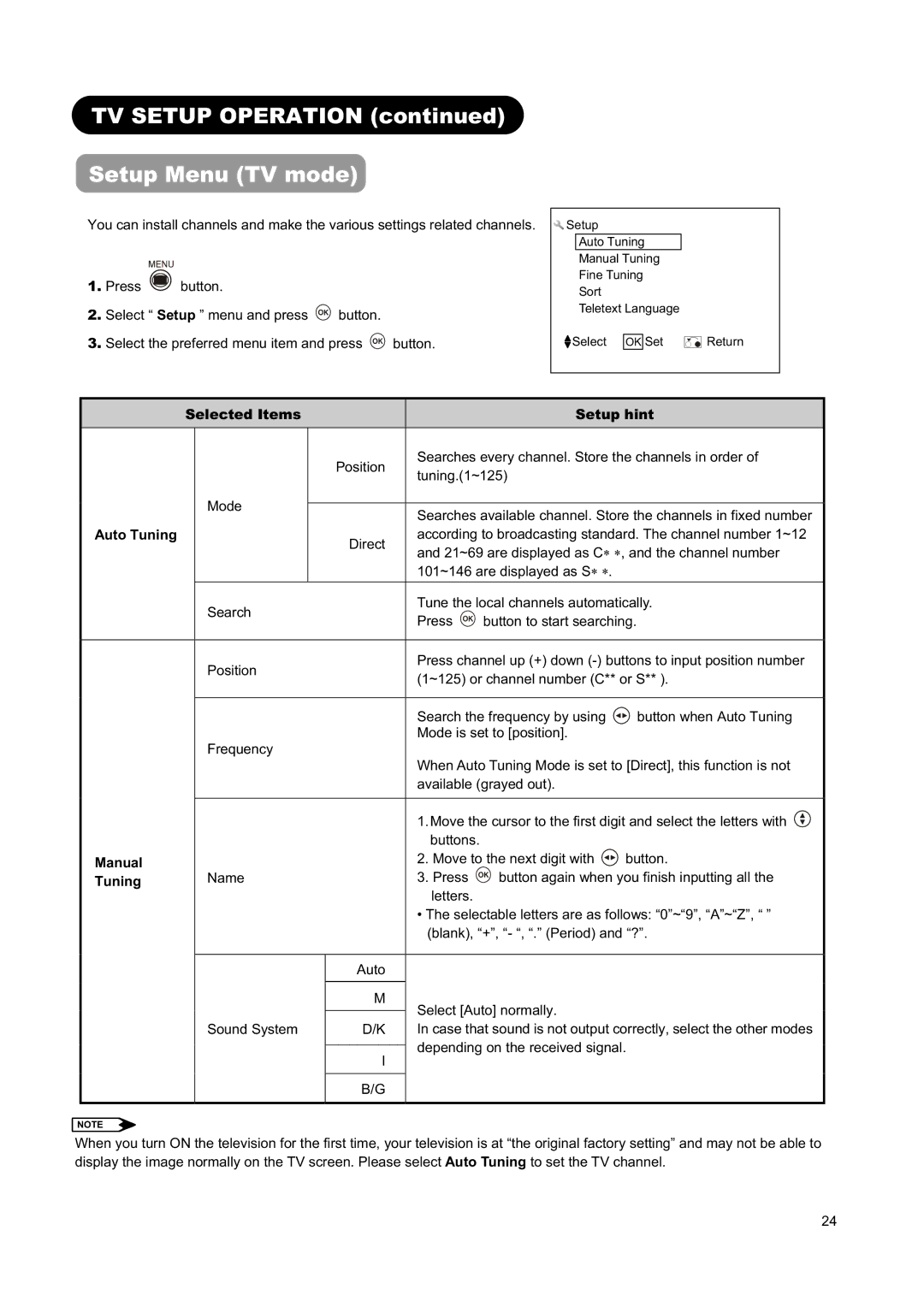 Hitachi L26H01AU manual TV Setup Operation Setup Menu TV mode, Selected Items Setup hint, Auto Tuning, Manual 