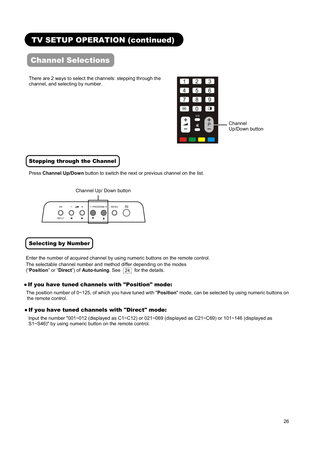 Hitachi L26H01AU manual TV Setup Operation Channel Selections, Stepping through the Channel, Selecting by Number 