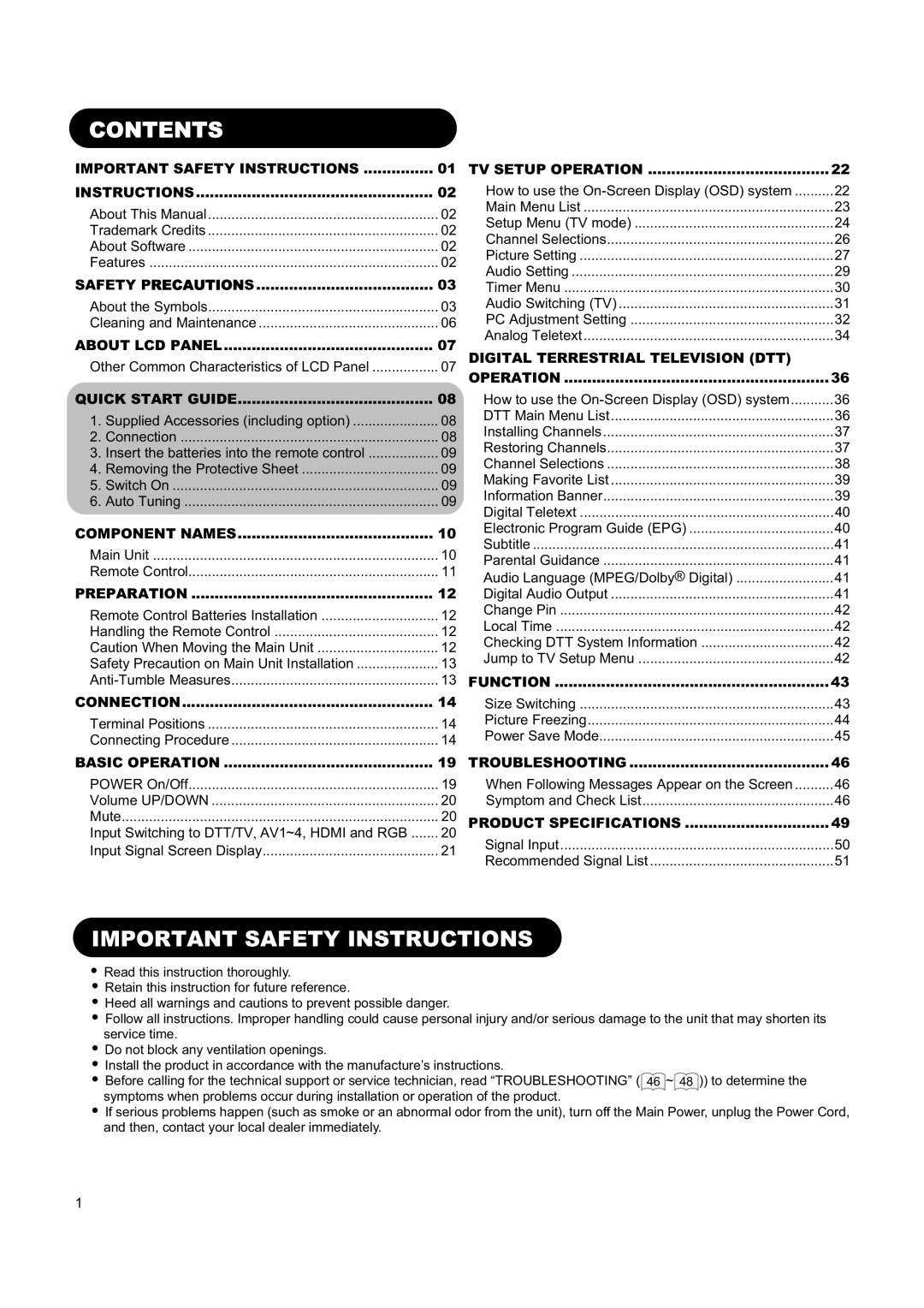 Hitachi L26H01AU manual Contents, Important Safety Instructions 