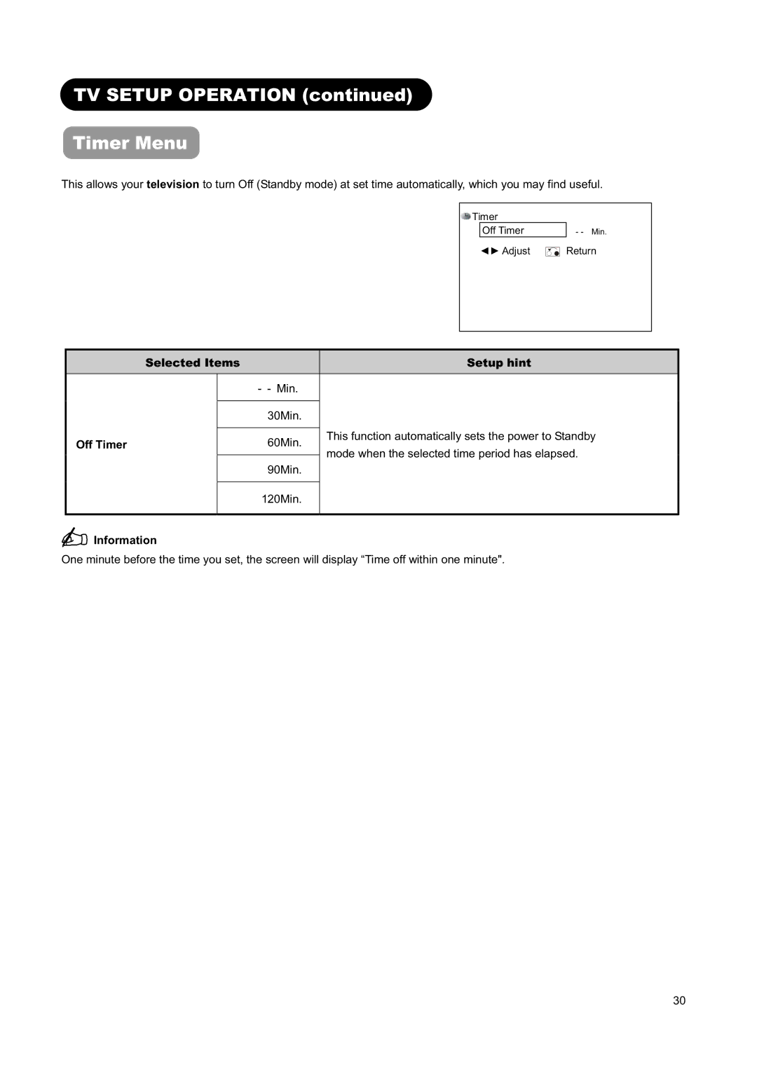 Hitachi L26H01AU manual TV Setup Operation Timer Menu, Off Timer 