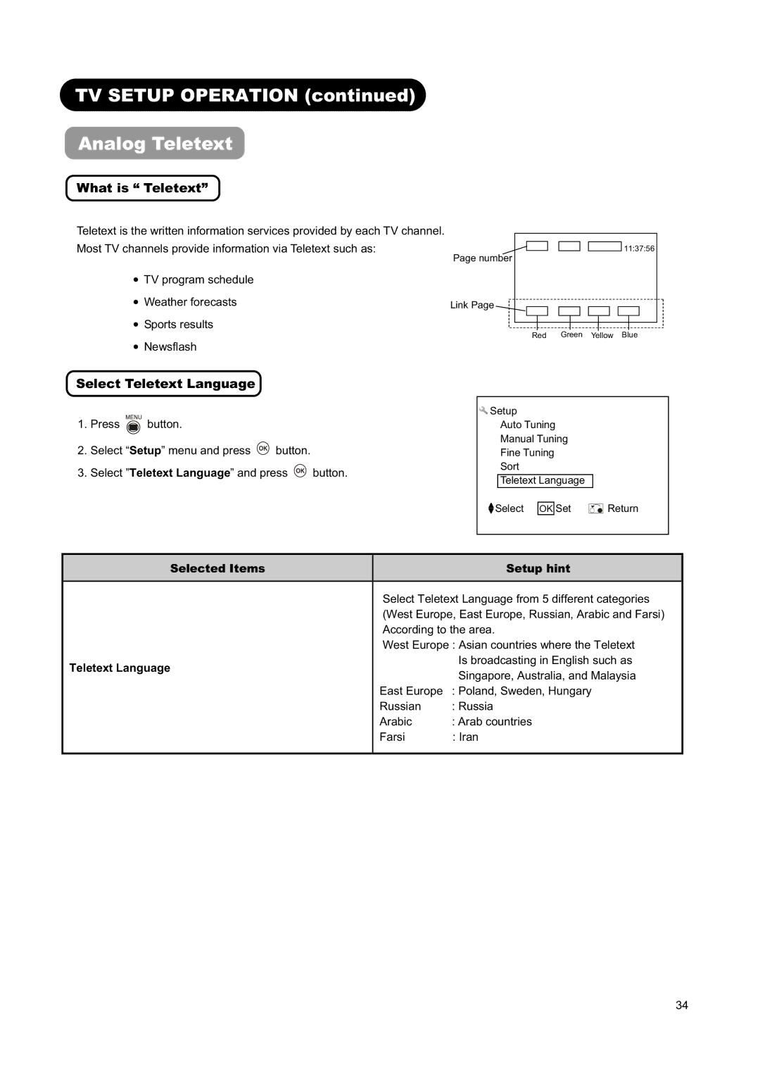 Hitachi L26H01AU manual TV Setup Operation Analog Teletext, What is Teletext, Select Teletext Language 