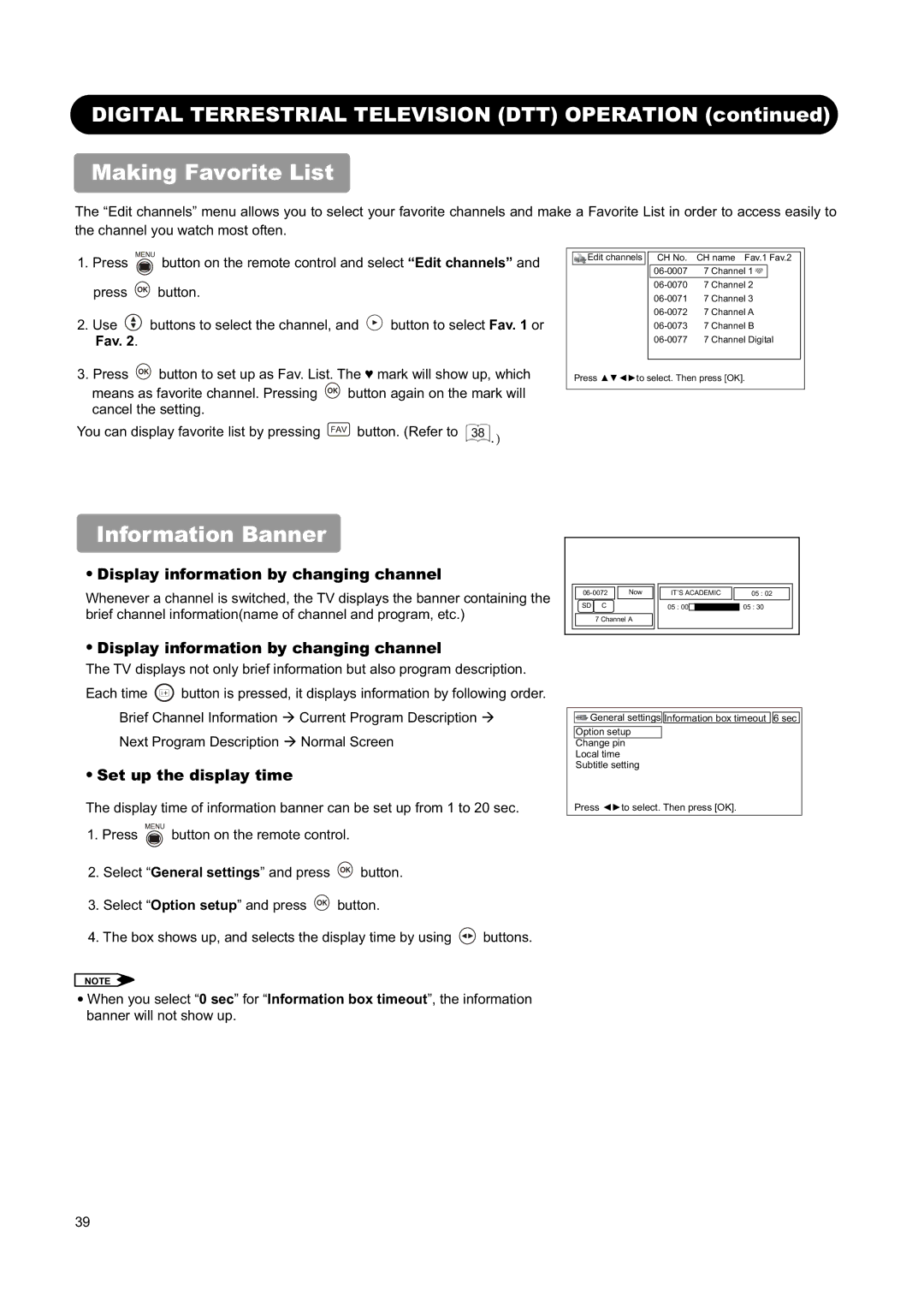 Hitachi L26H01AU manual Making Favorite List, Information Banner, Display information by changing channel 