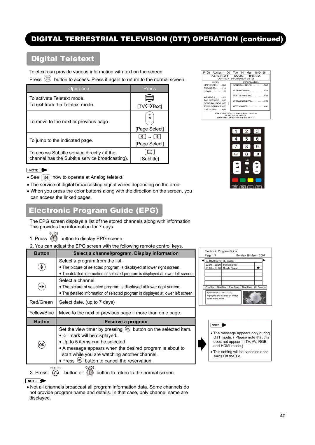 Hitachi L26H01AU Digital Teletext, Electronic Program Guide EPG, Button Select a channel/program, Display information 