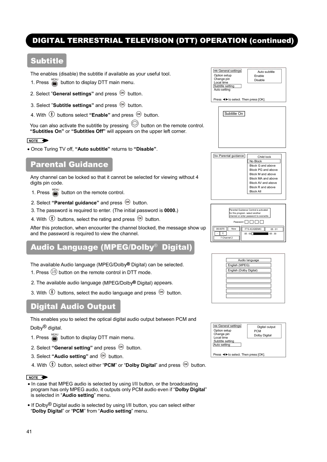 Hitachi L26H01AU manual Subtitle, Parental Guidance, Audio Language MPEG/Dolbyp  Digital, Digital Audio Output 