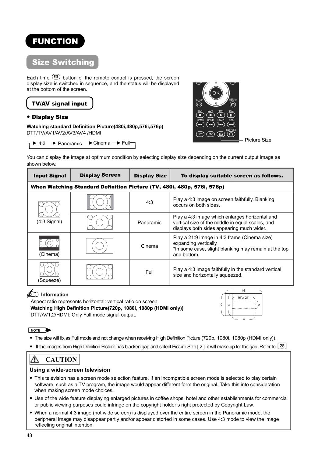 Hitachi L26H01AU manual Function, Size Switching, TV/AV signal input Display Size, Using a wide-screen television 