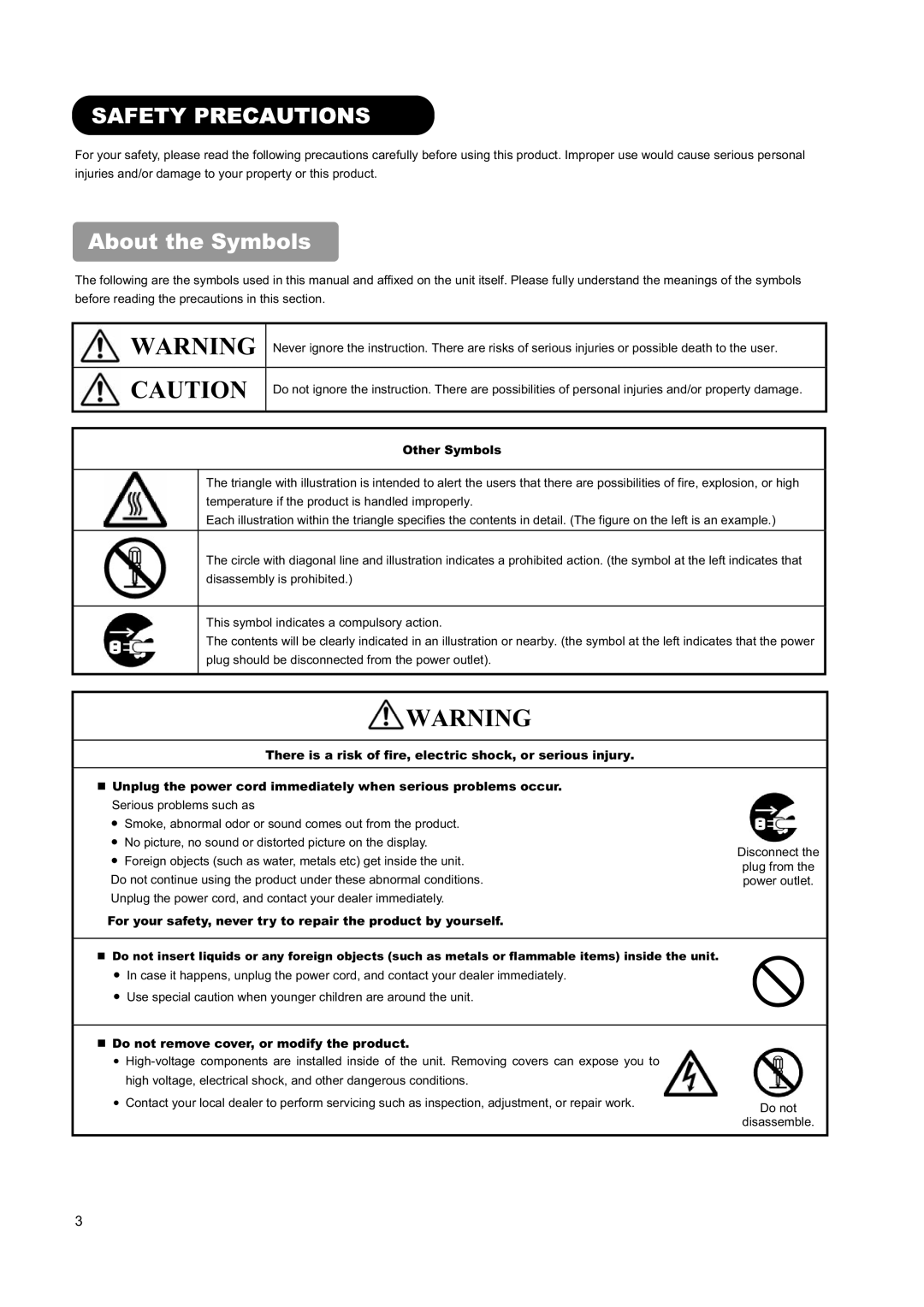 Hitachi L26H01AU manual Safety Precautions, About the Symbols 