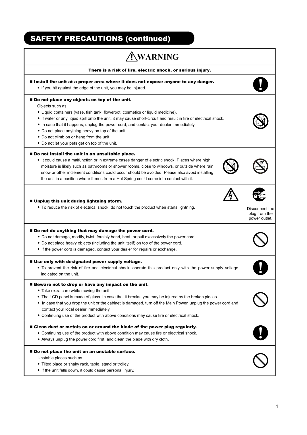 Hitachi L26H01AU manual Safety Precautions, „ Do not place any objects on top of the unit 