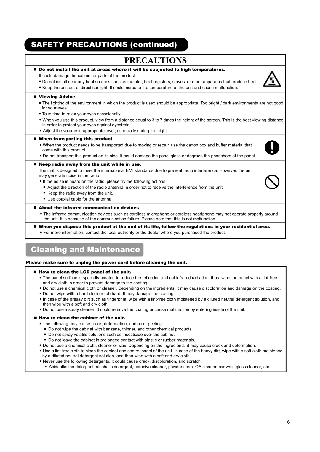 Hitachi L26H01AU manual Precautions, Cleaning and Maintenance 