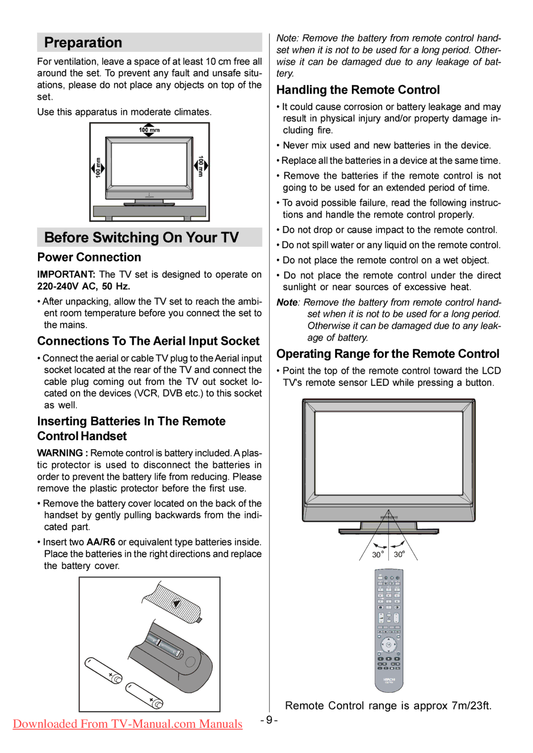 Hitachi L26H01U L26HR1U manual Preparation, Before Switching On Your TV 