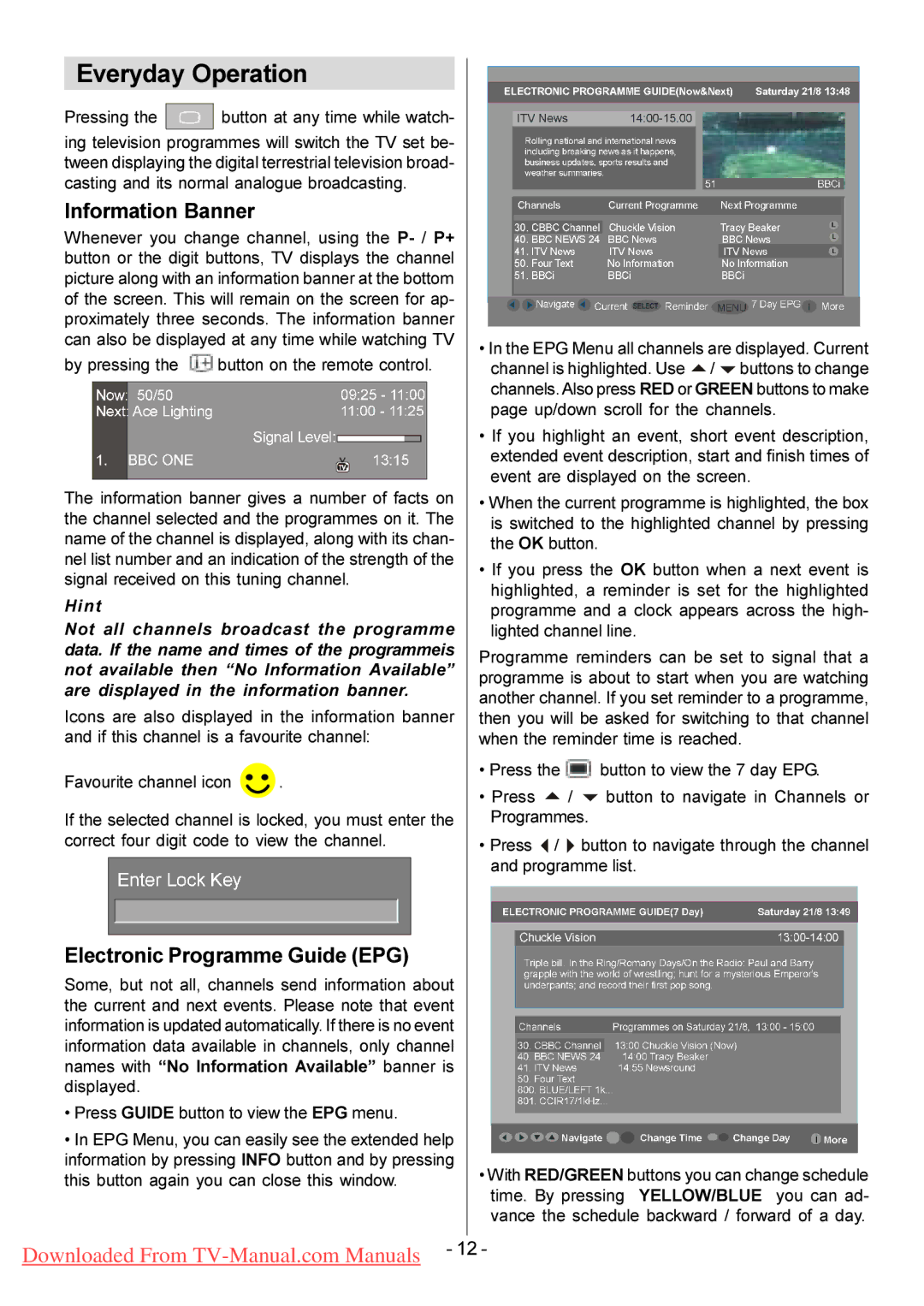 Hitachi L26H01U L26HR1U manual Everyday Operation, Information Banner, Electronic Programme Guide EPG 