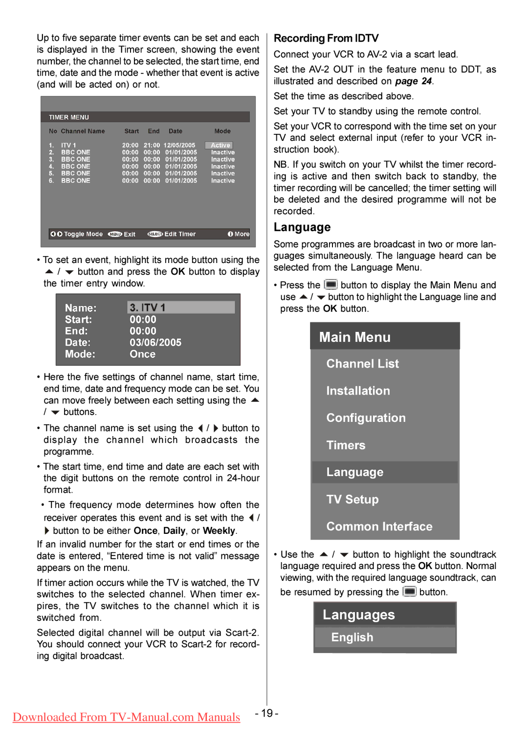 Hitachi L26H01U L26HR1U manual Language, Recording From Idtv, Be resumed by pressing the button 