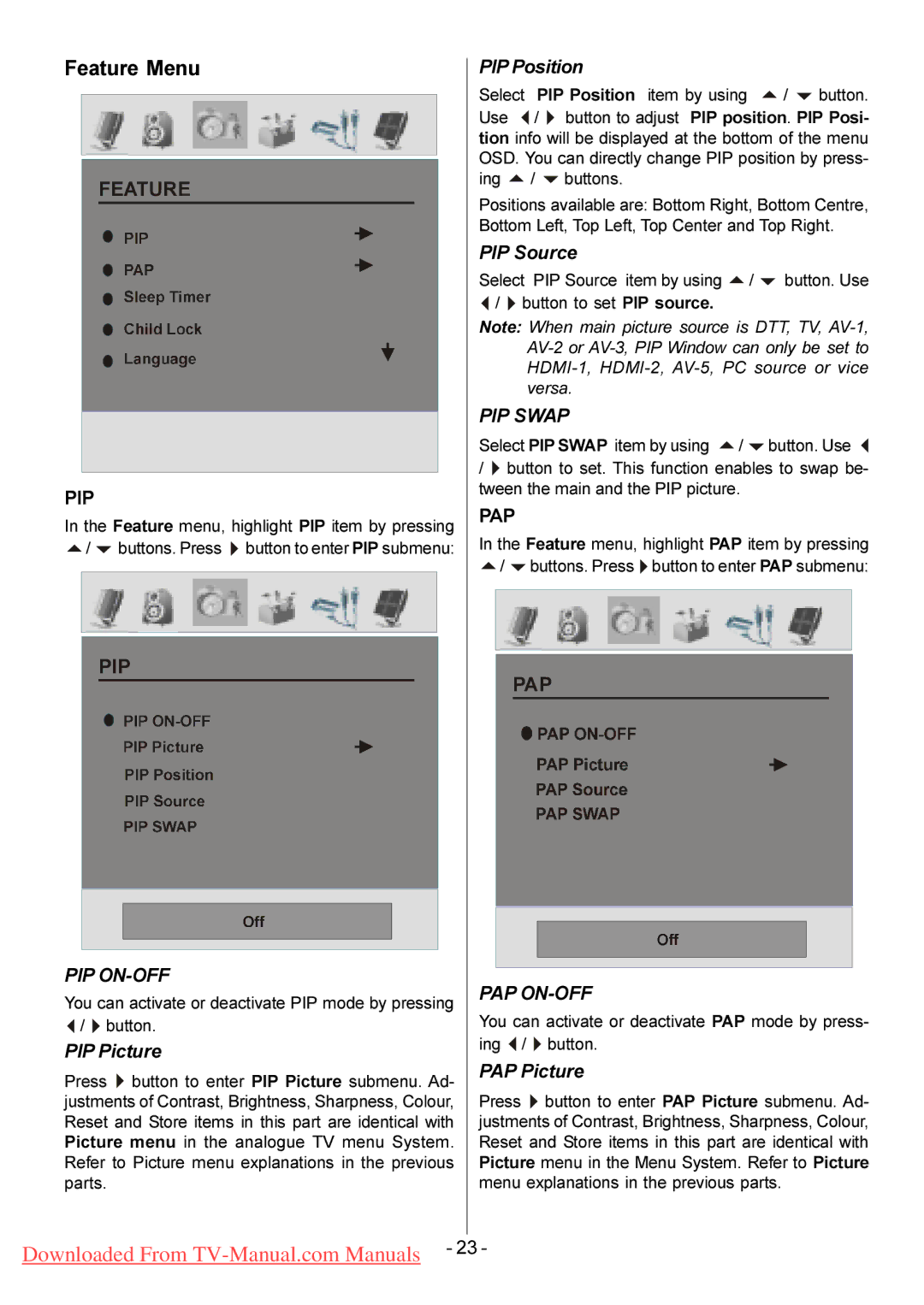 Hitachi L26H01U L26HR1U manual Feature Menu, You can activate or deactivate PIP mode by pressing ‾ button 