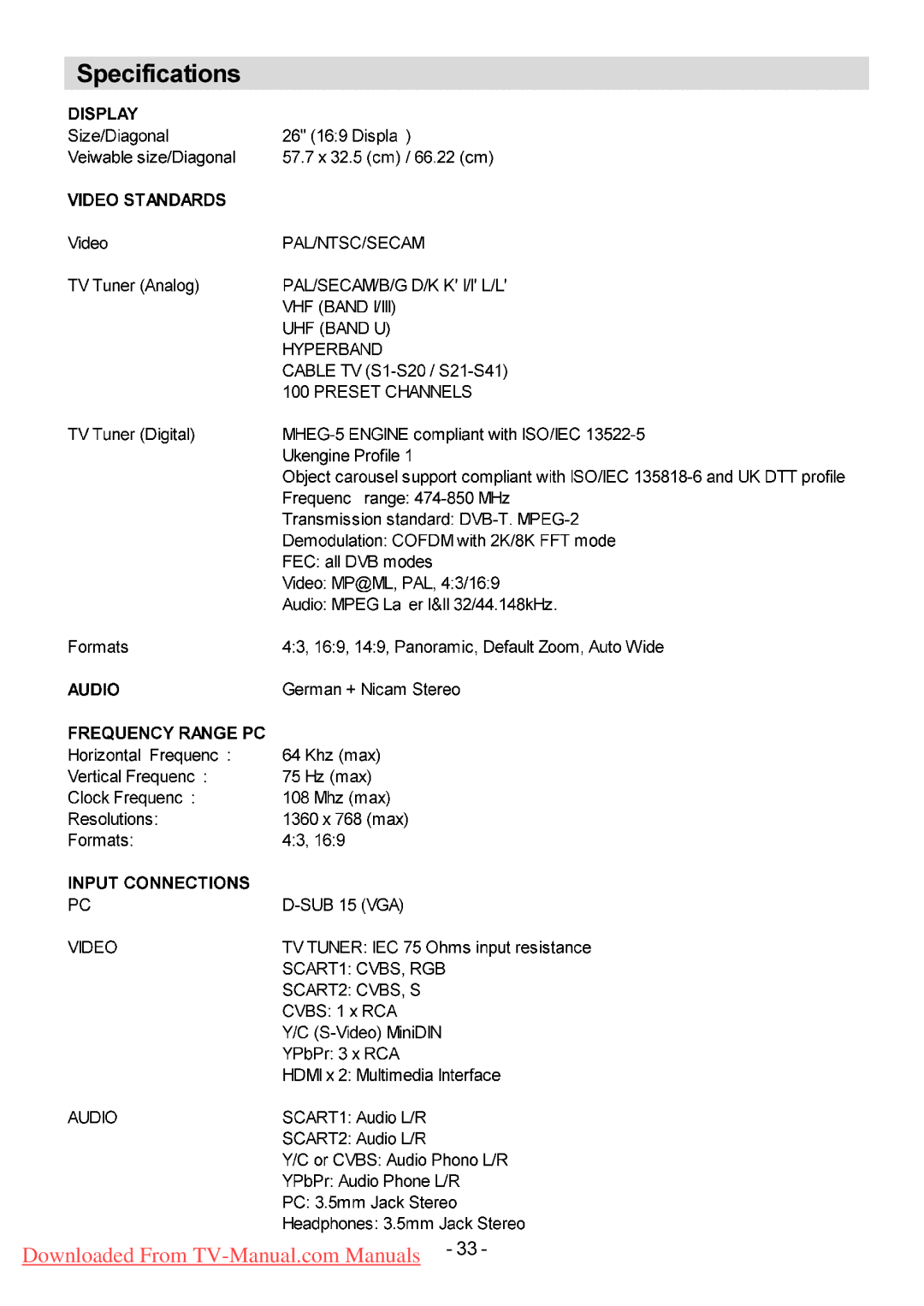 Hitachi L26H01U L26HR1U manual Specifications 