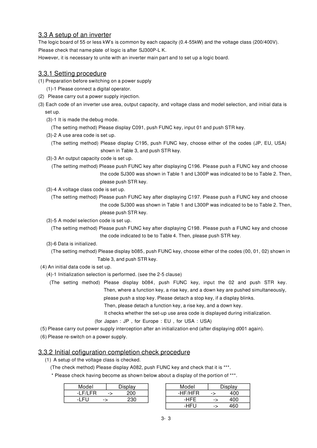 Hitachi L300P Series Setup of an inverter, Setting procedure, Initial cofiguration completion check procedure 