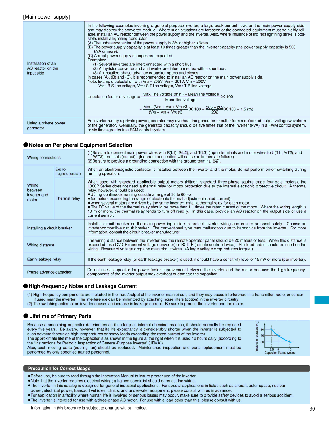 Hitachi L300P manual High-frequency Noise and Leakage Current, Lifetime of Primary Parts 