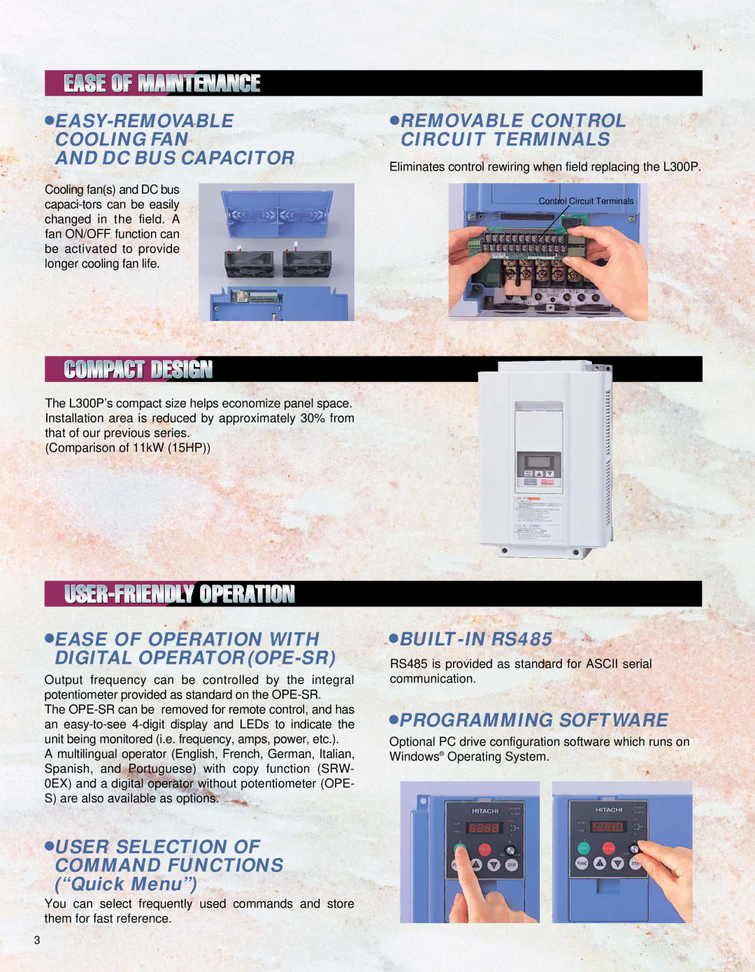 Hitachi L300P manual EASY-REMOVABLE Cooling FAN DC BUS Capacitor, Control Circuit Terminals 