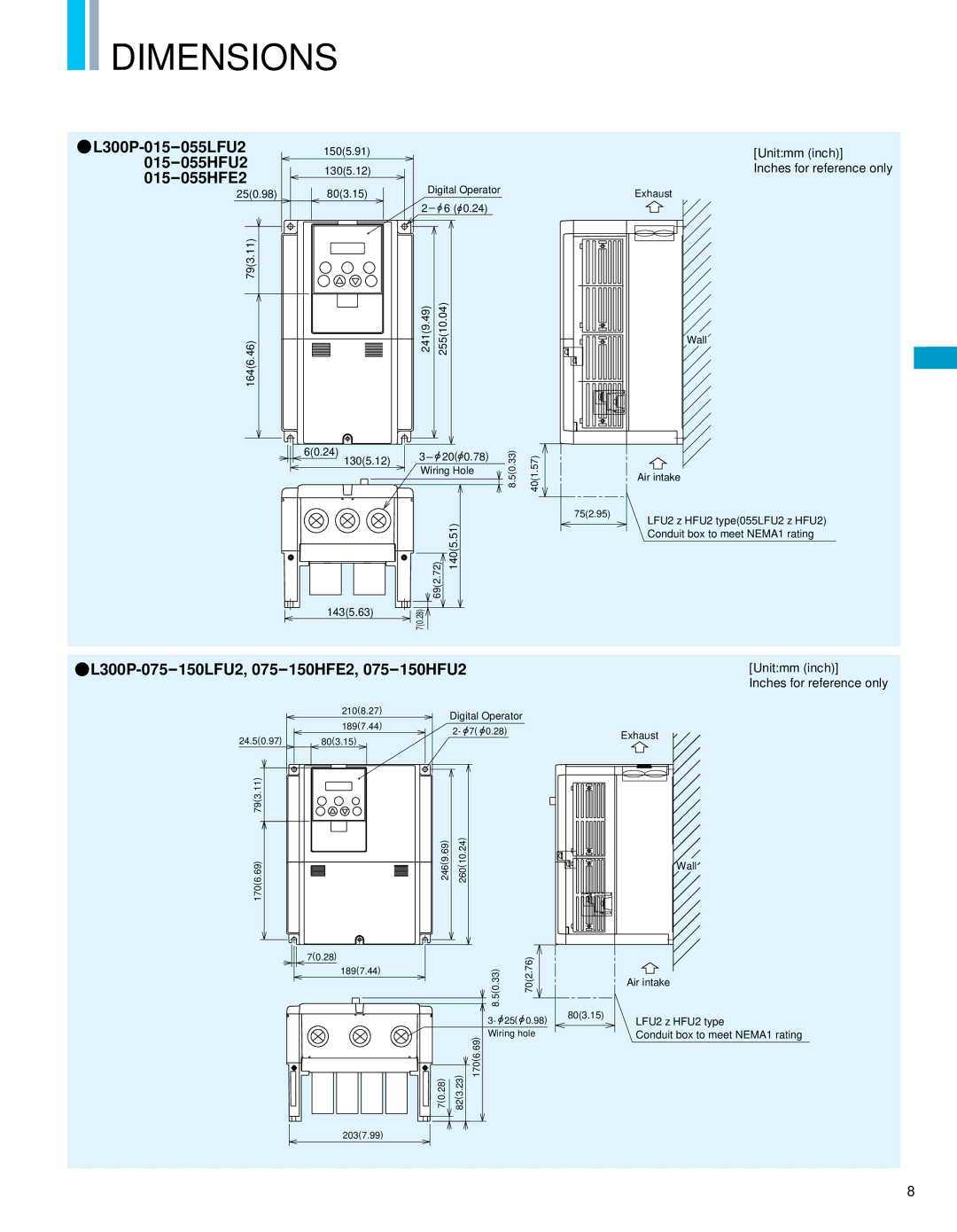 Hitachi manual Dimensions, L300P-015-055LFU2, 015-055HFU2, 015-055HFE2, L300P-075-150LFU2, 075-150HFE2, 075-150HFU2 